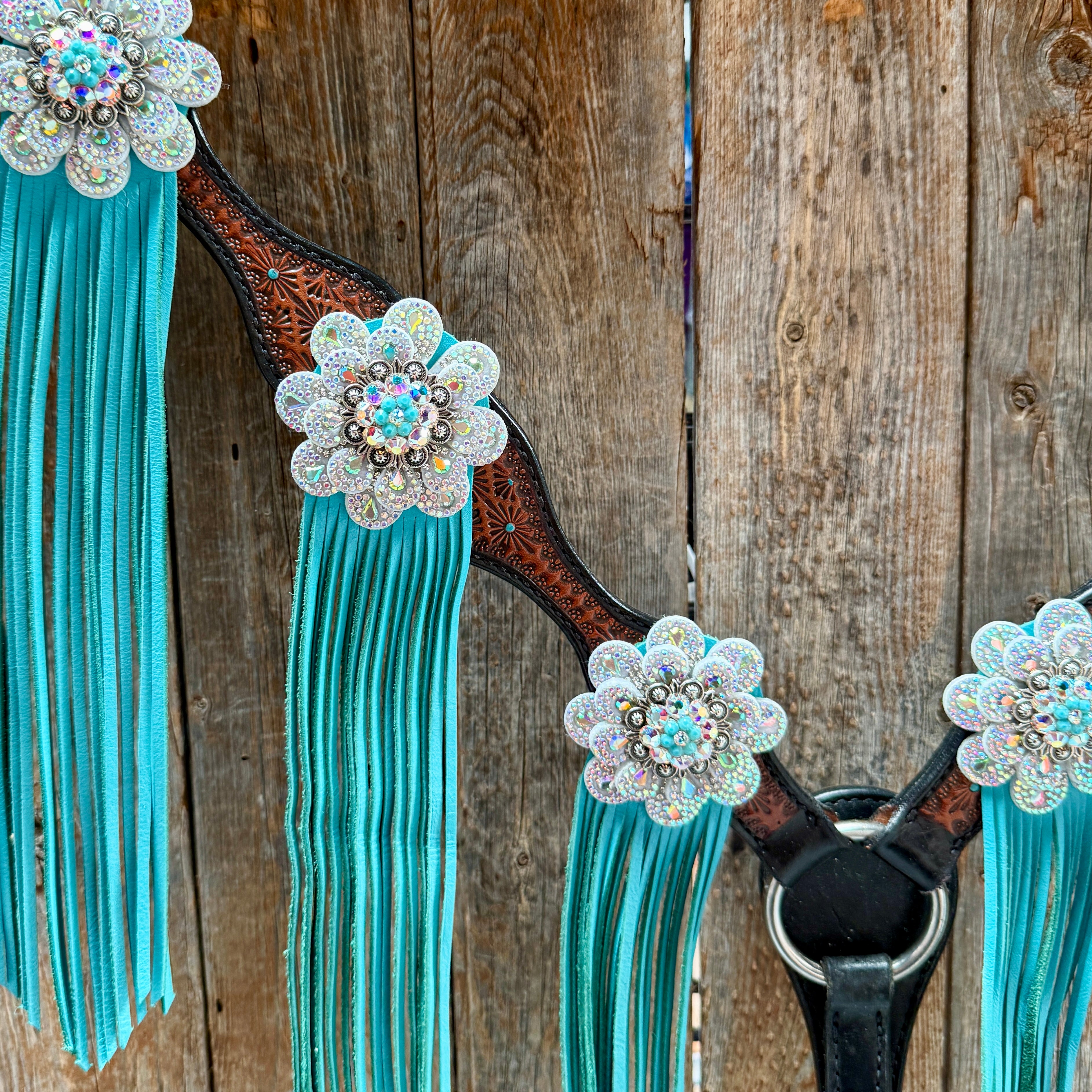 Teal Diamond Turquoise and AB Browband / One Ear - Breastcollar Tack Set #BBBC484