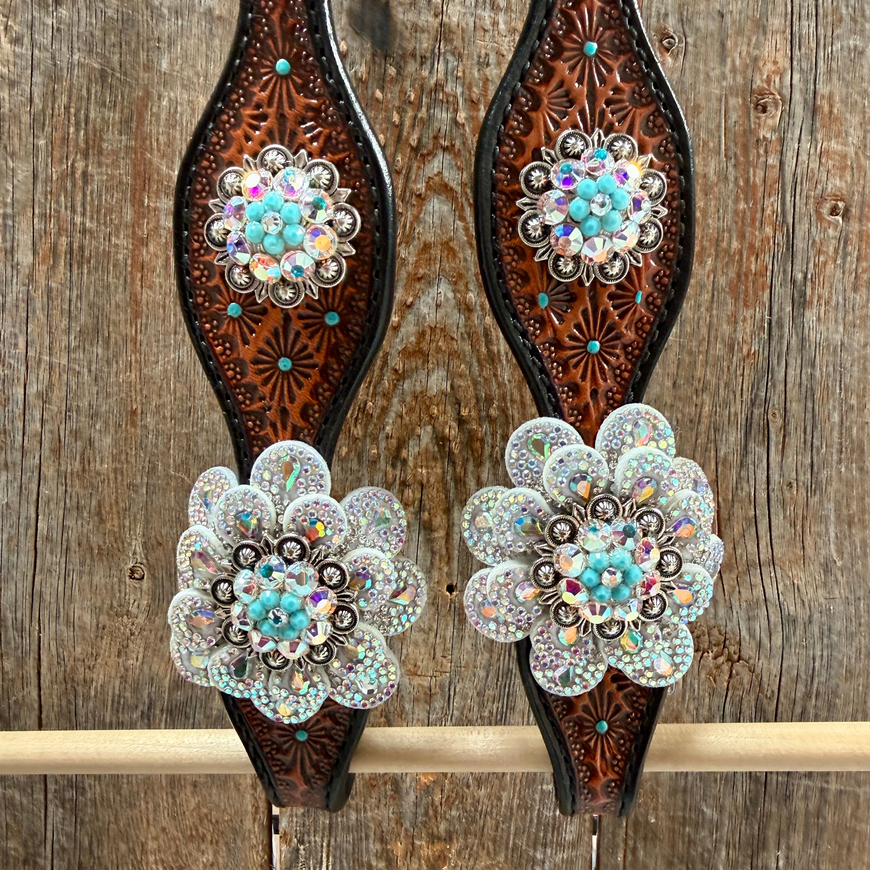 Teal Diamond Turquoise and AB Browband / One Ear - Breastcollar Tack Set #BBBC484
