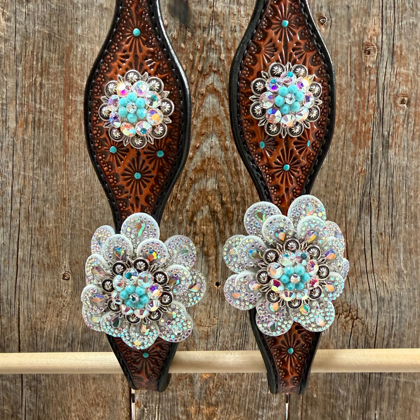Teal Diamond Turquoise and AB Browband / One Ear - Breastcollar Tack Set #BBBC484