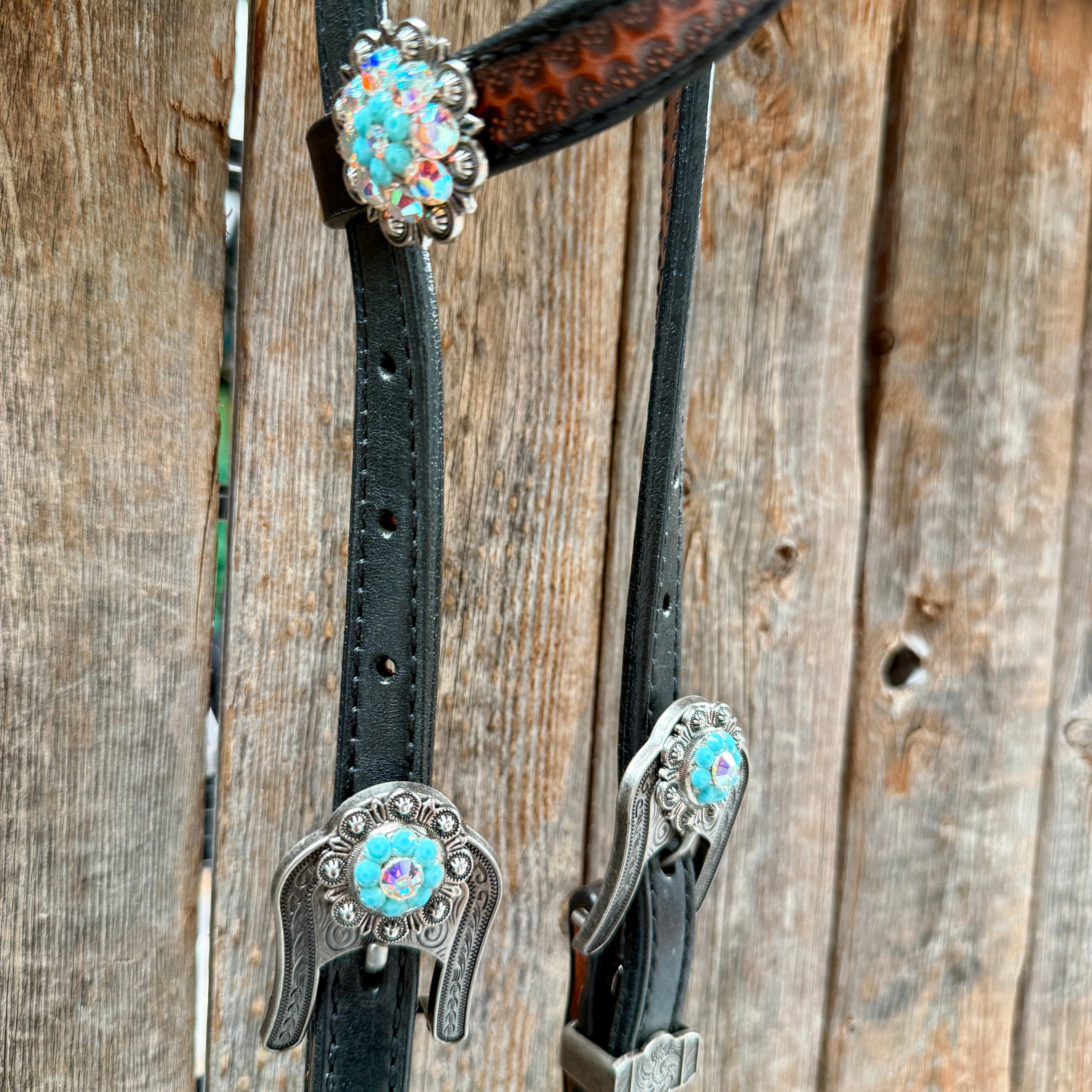 Teal Diamond Turquoise and AB Browband / One Ear - Breastcollar Tack Set #BBBC484