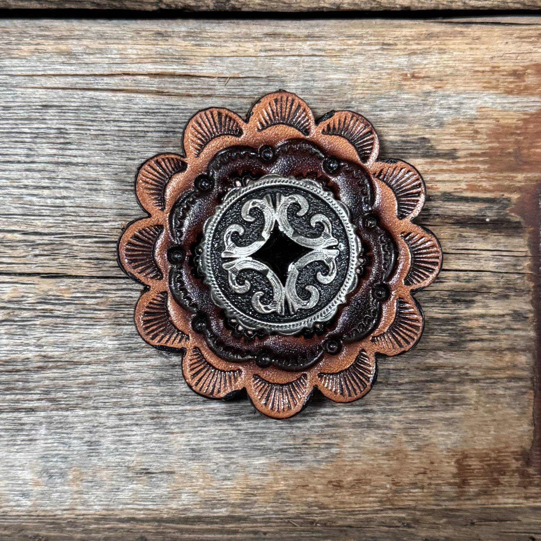 Leather Rosette with Black Diamond Antique Silver Western Concho R111W213S