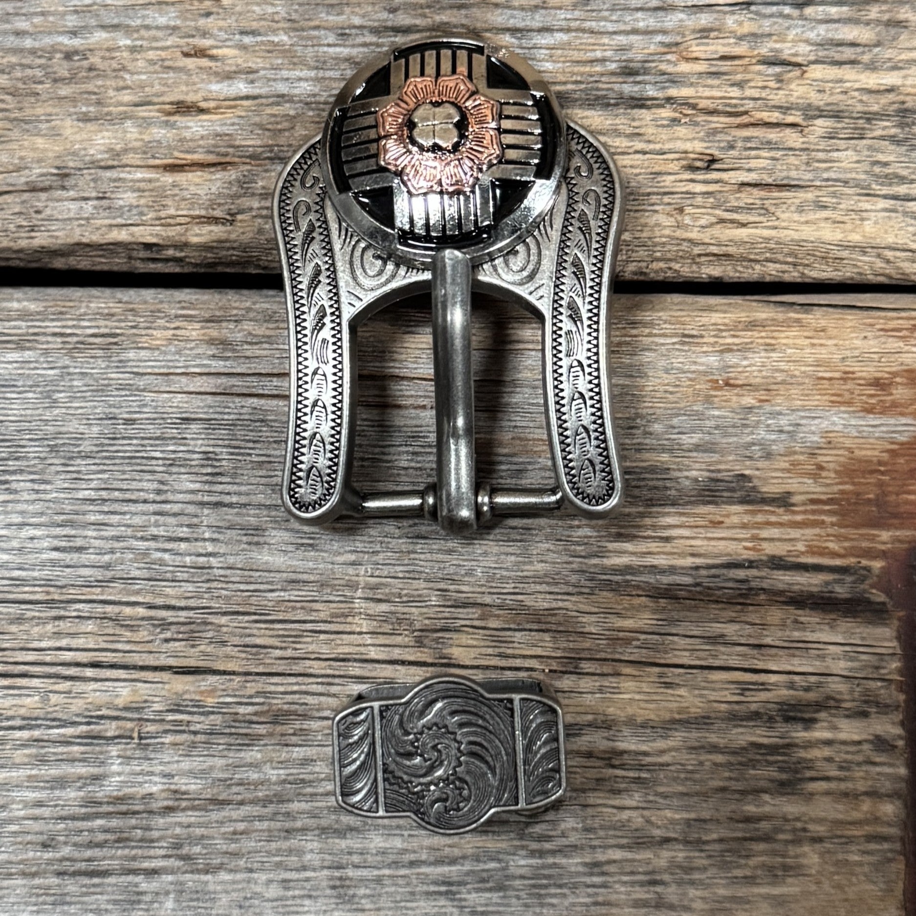Antique Silver with Copper Flower Western Concho W217