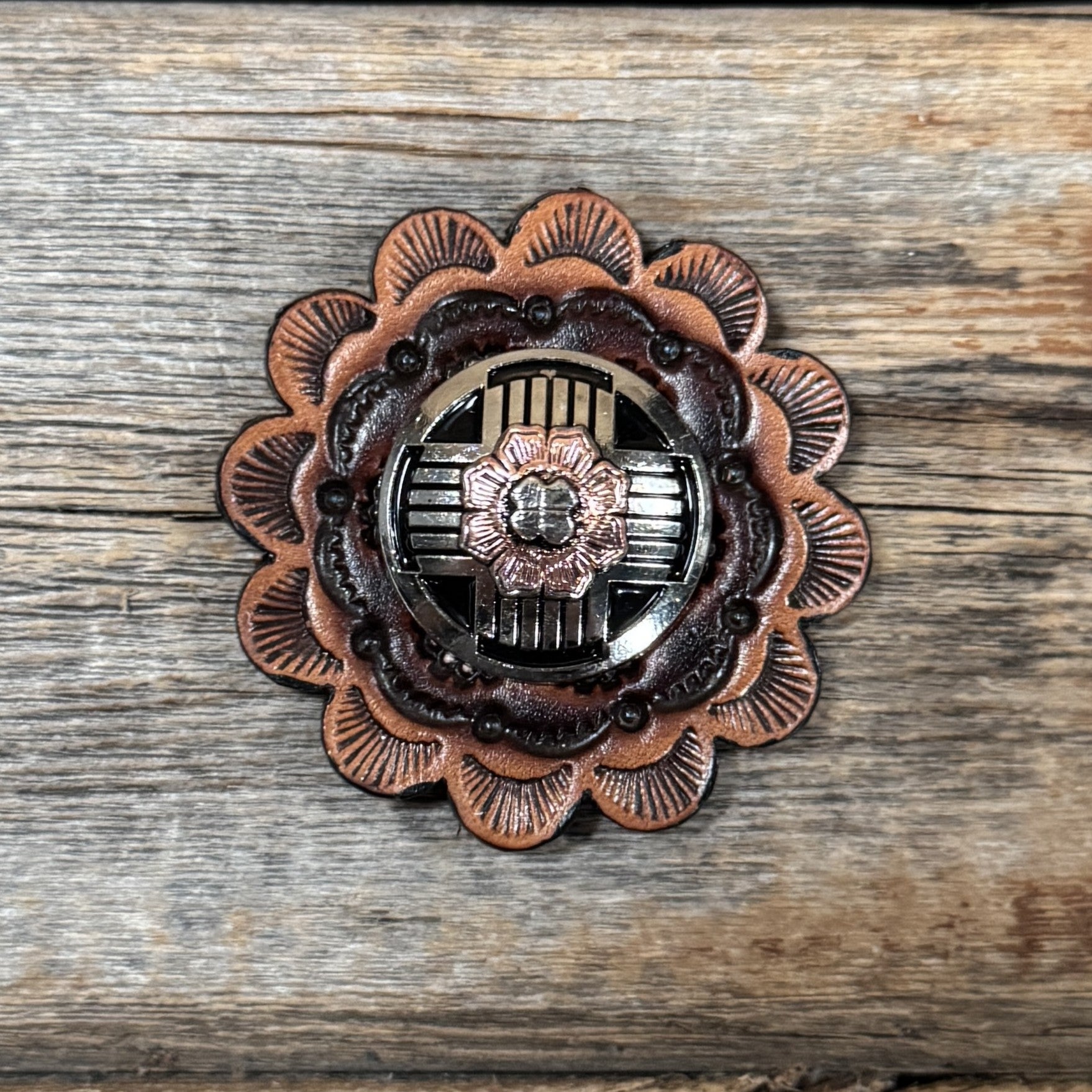 Leather Rosette with Antique Silver with Copper Flower Western Concho R111W217S