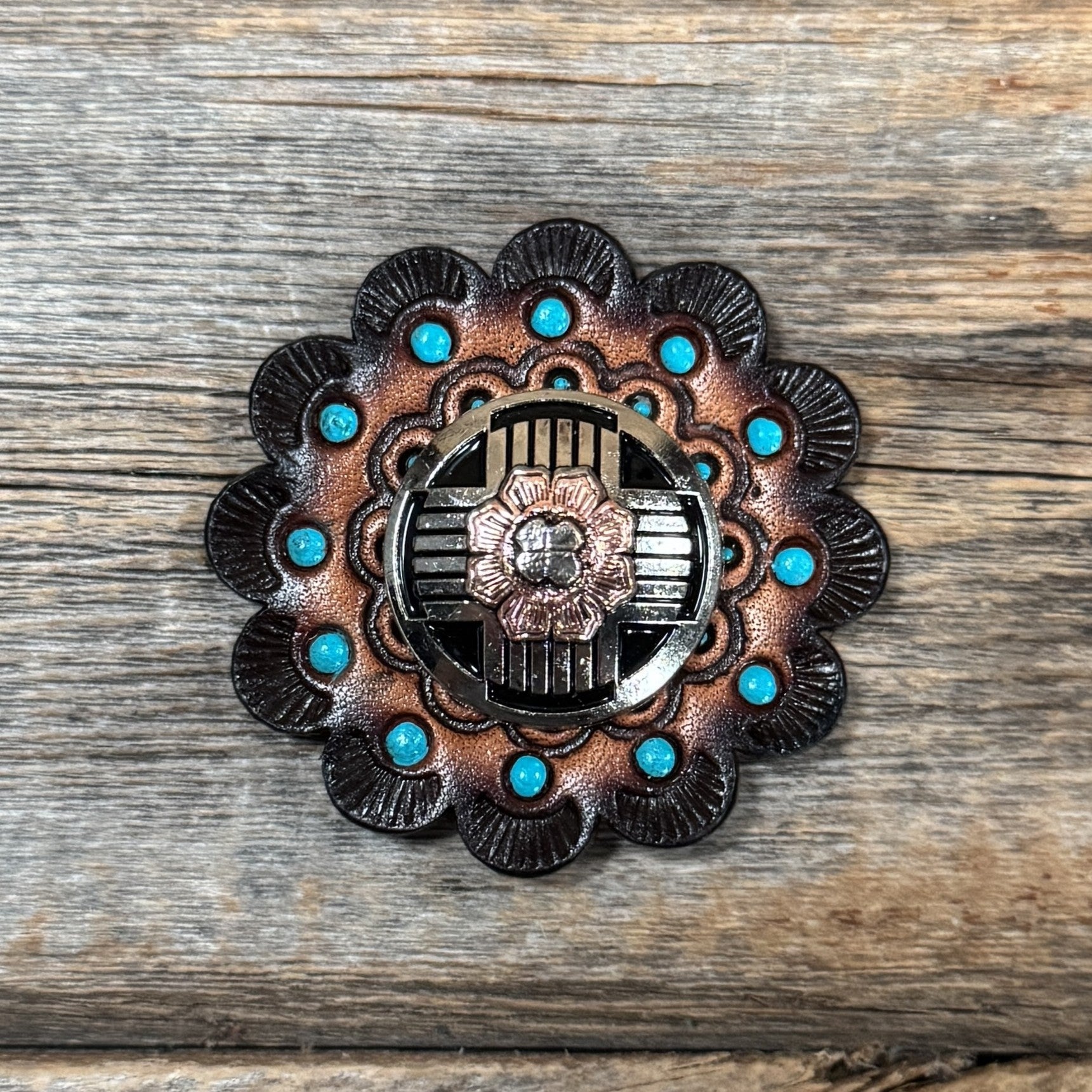 Antique Silver with Copper Flower Western Concho W217