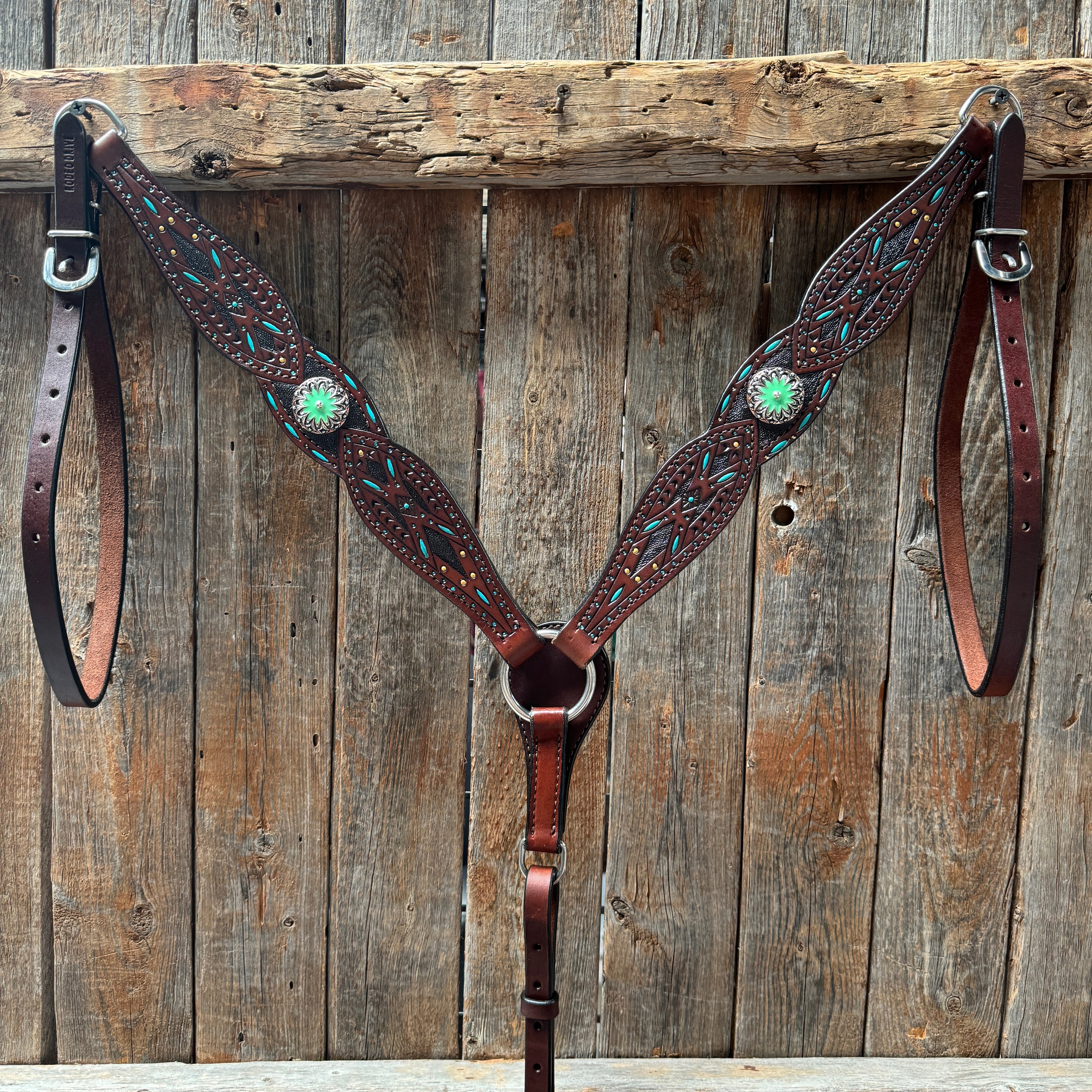 Dark Oil Hand Painted Antique Silver Turquoise Browband/One Ear and  Breastcollar Tack Set #BBBC555