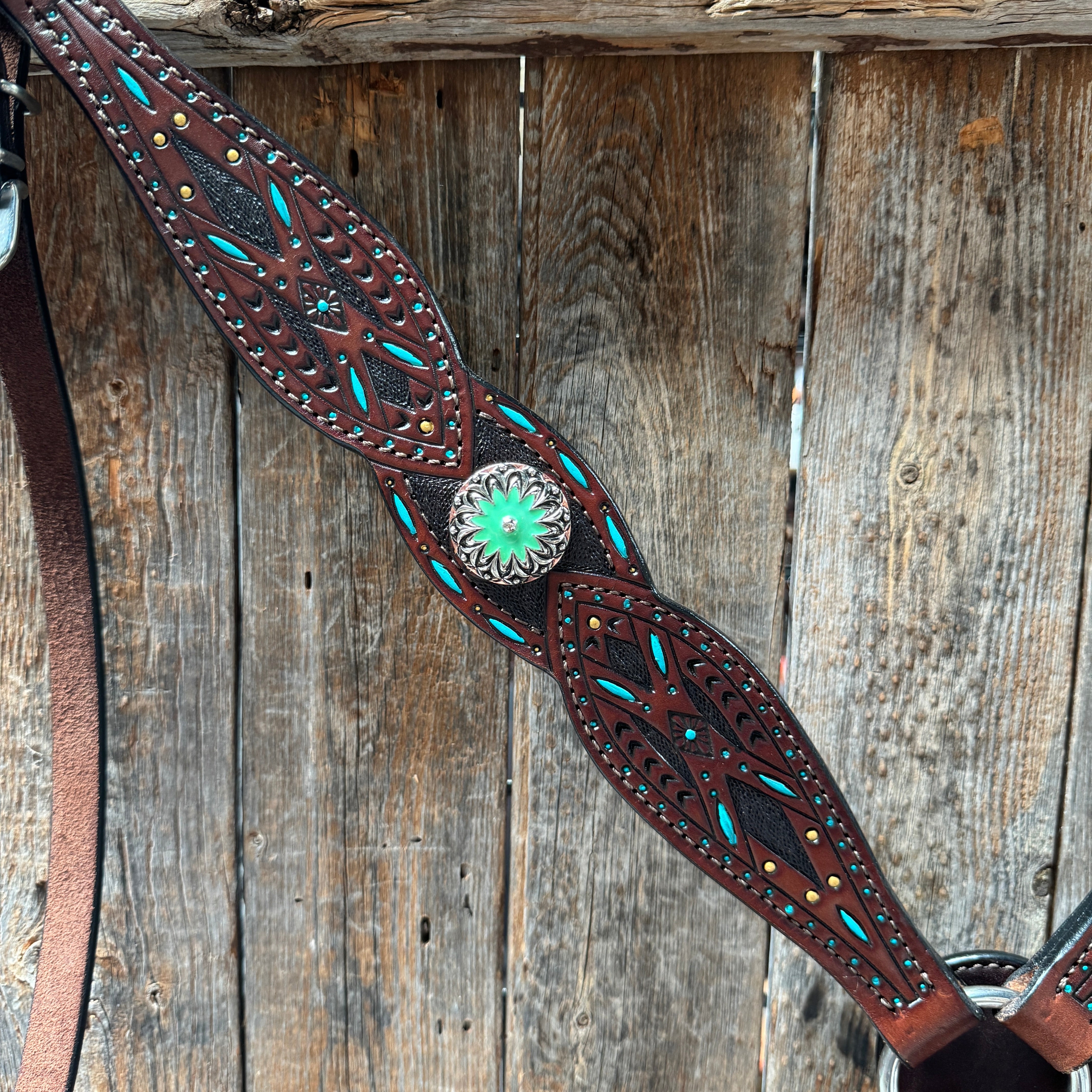 Dark Oil Hand Painted Antique Silver Turquoise Browband/One Ear and  Breastcollar Tack Set #BBBC555