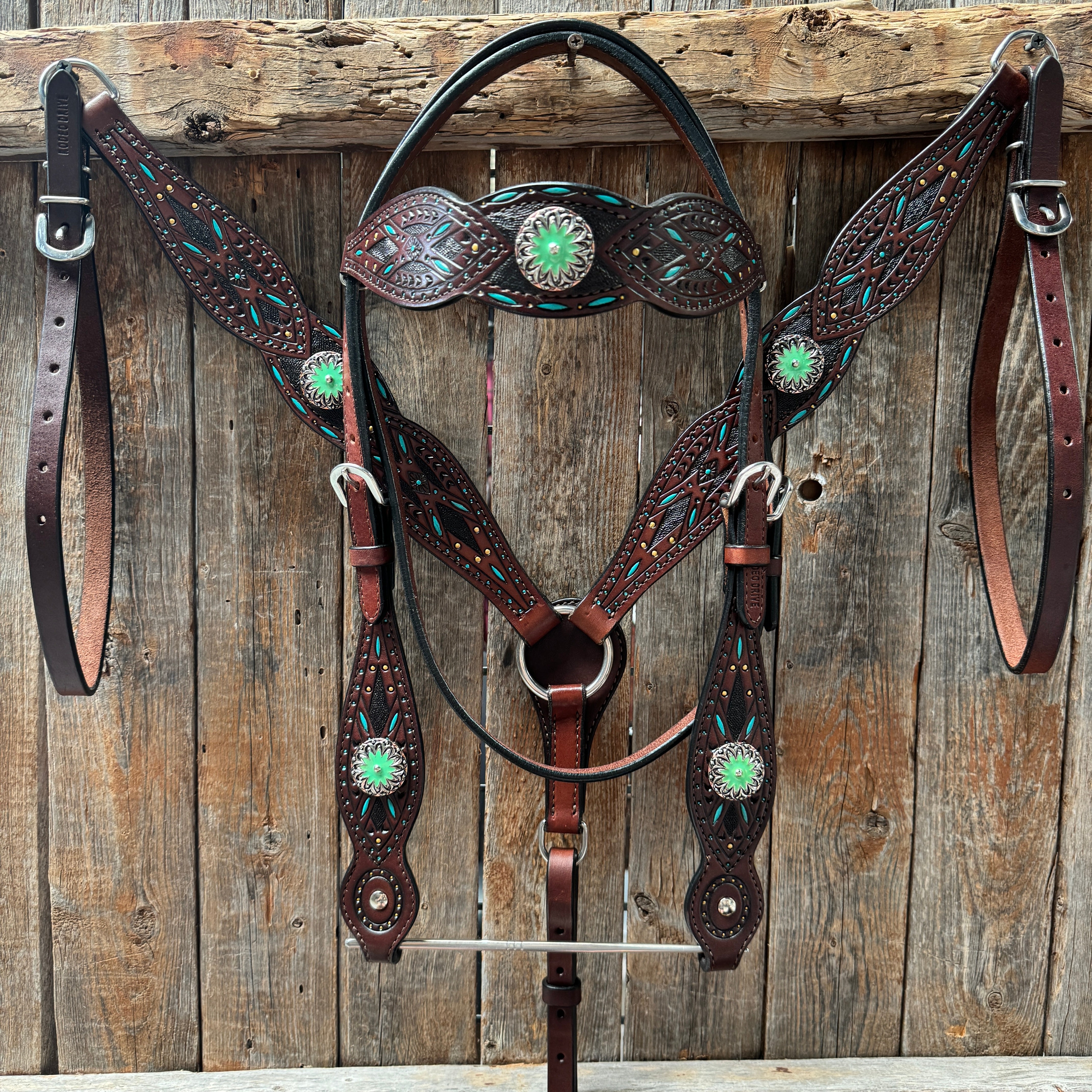 Dark Oil Hand Painted Antique Silver Turquoise Browband/One Ear and  Breastcollar Tack Set #BBBC555
