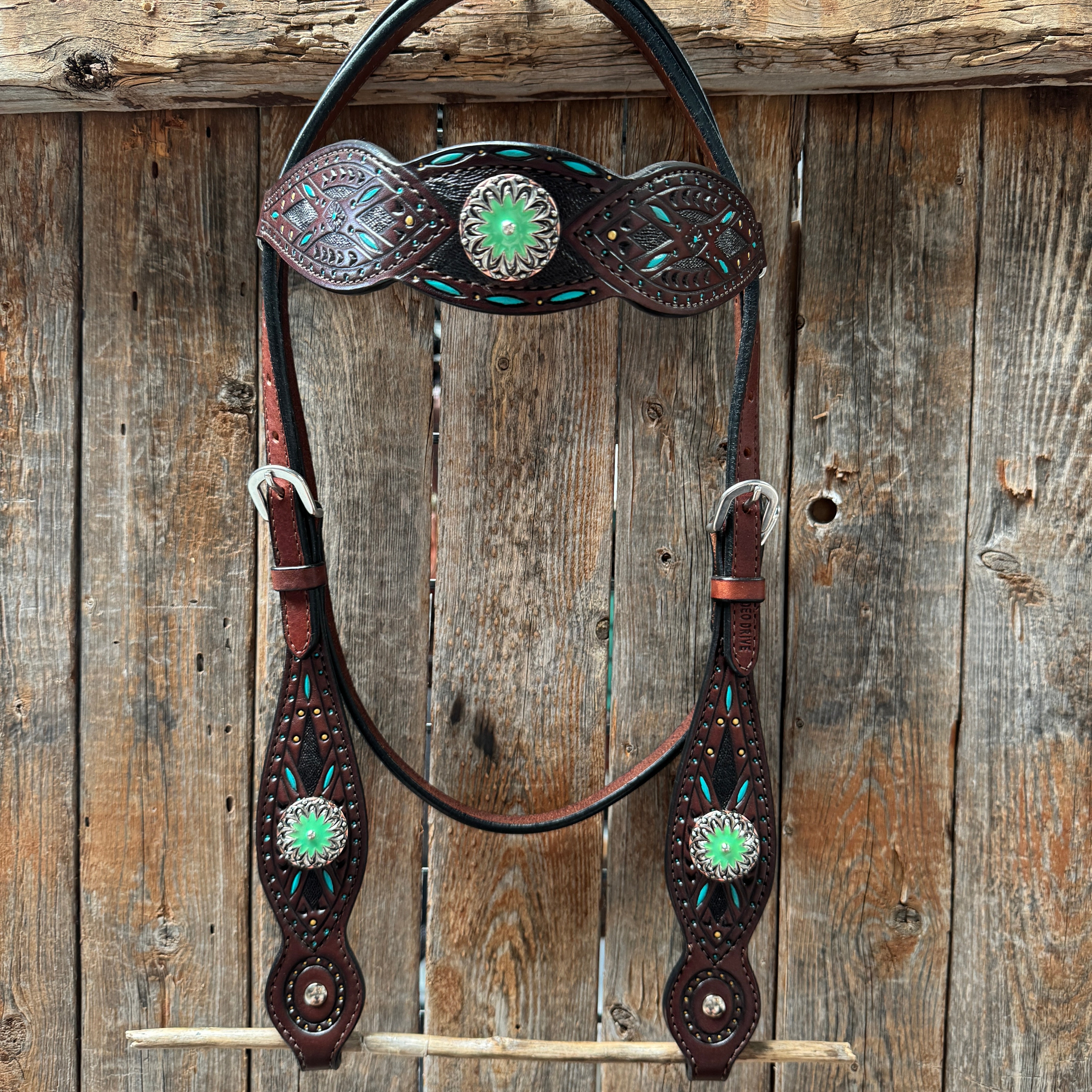 Dark Oil Hand Painted Antique Silver Turquoise Browband/One Ear and  Breastcollar Tack Set #BBBC555