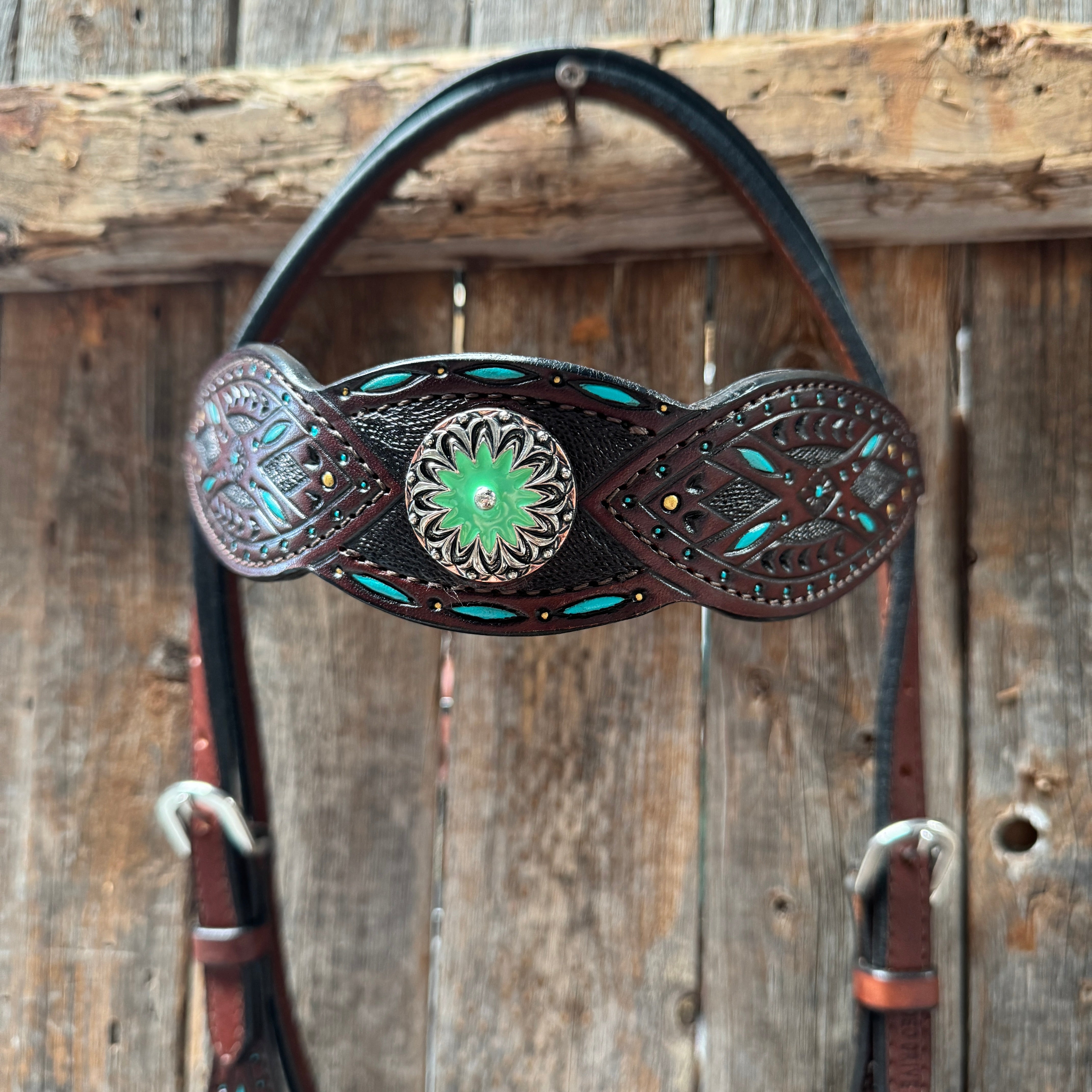 Dark Oil Hand Painted Antique Silver Turquoise Browband/One Ear and  Breastcollar Tack Set #BBBC555