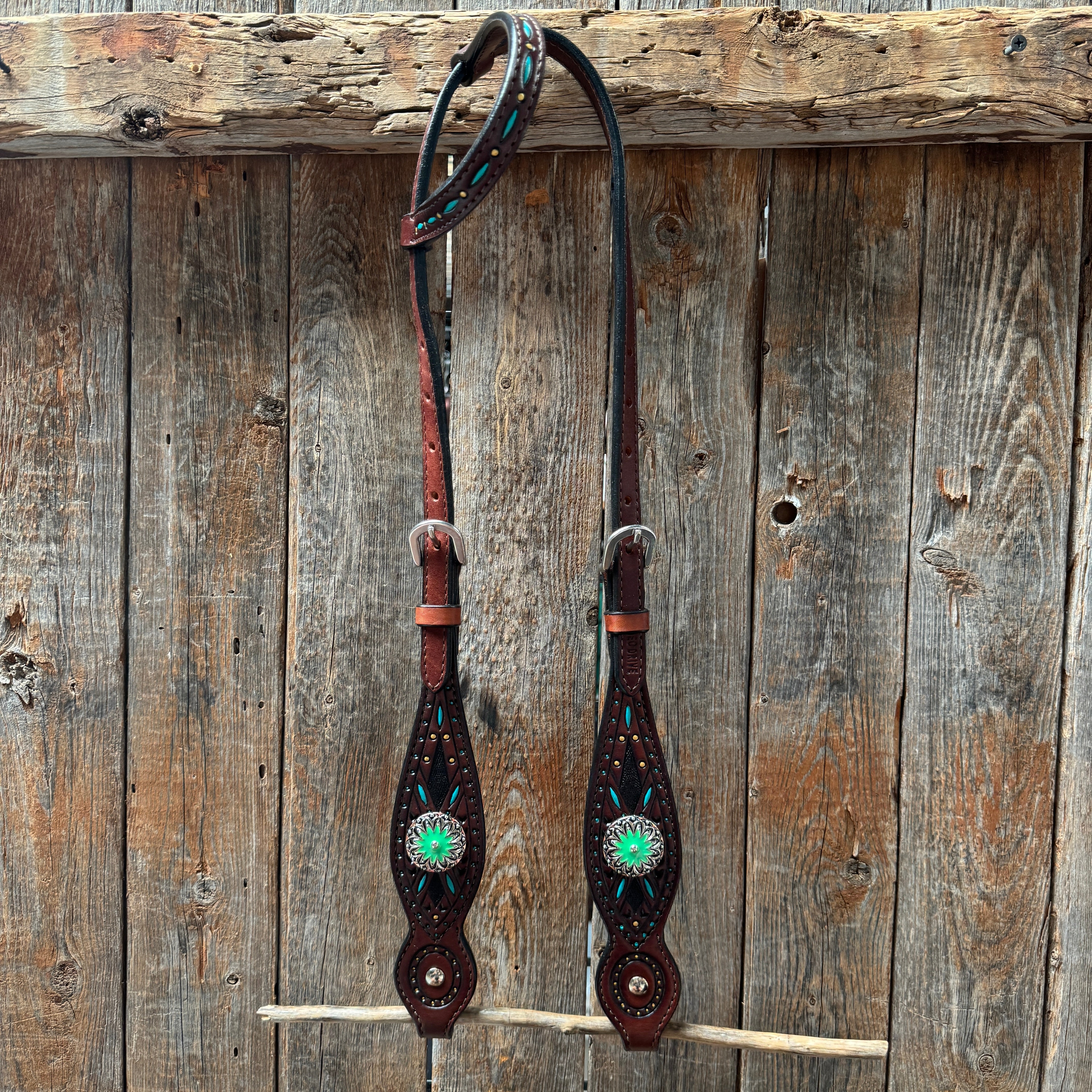 Dark Oil Hand Painted Antique Silver Turquoise Browband/One Ear and  Breastcollar Tack Set #BBBC555