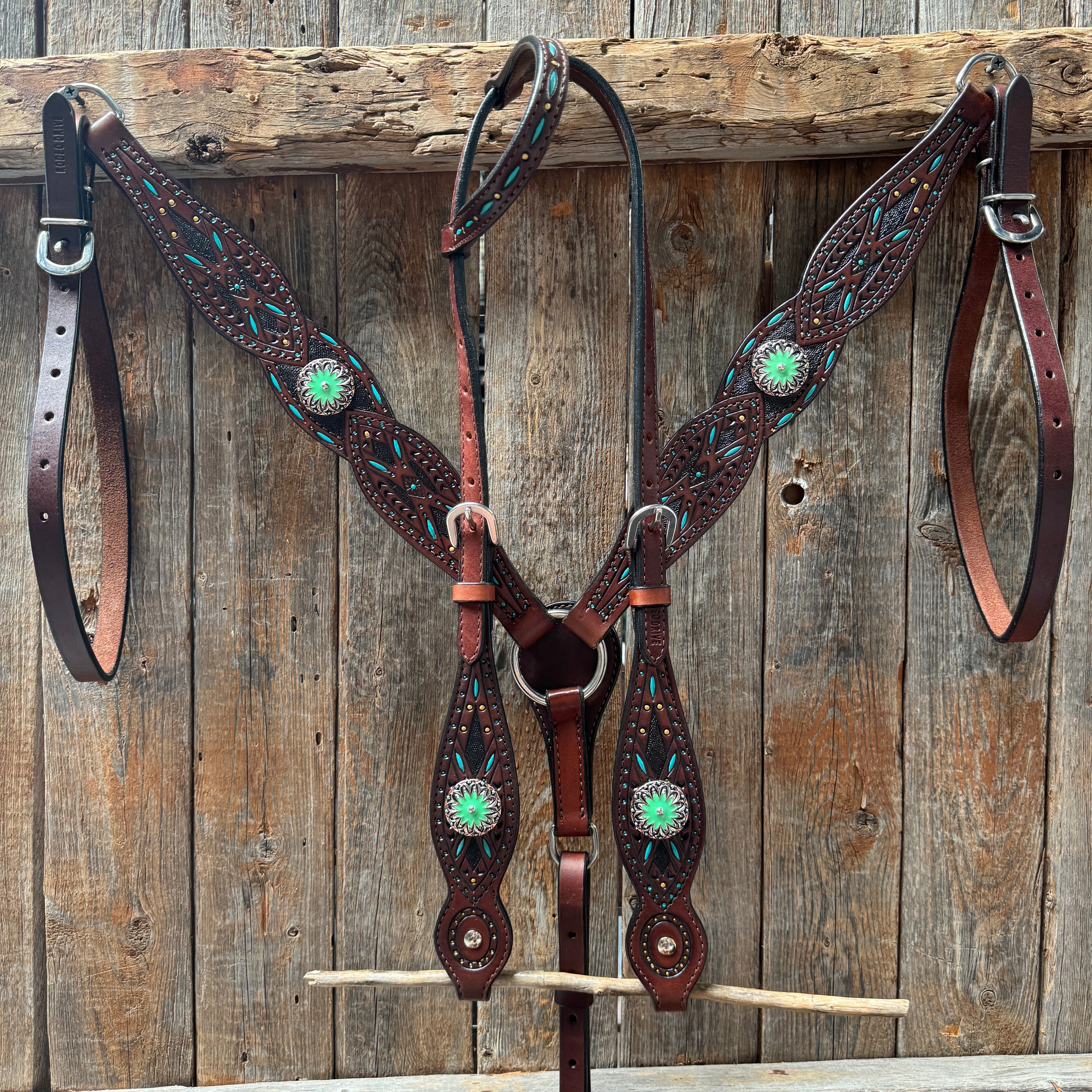 Dark Oil Hand Painted Antique Silver Turquoise Browband/One Ear and  Breastcollar Tack Set #BBBC555