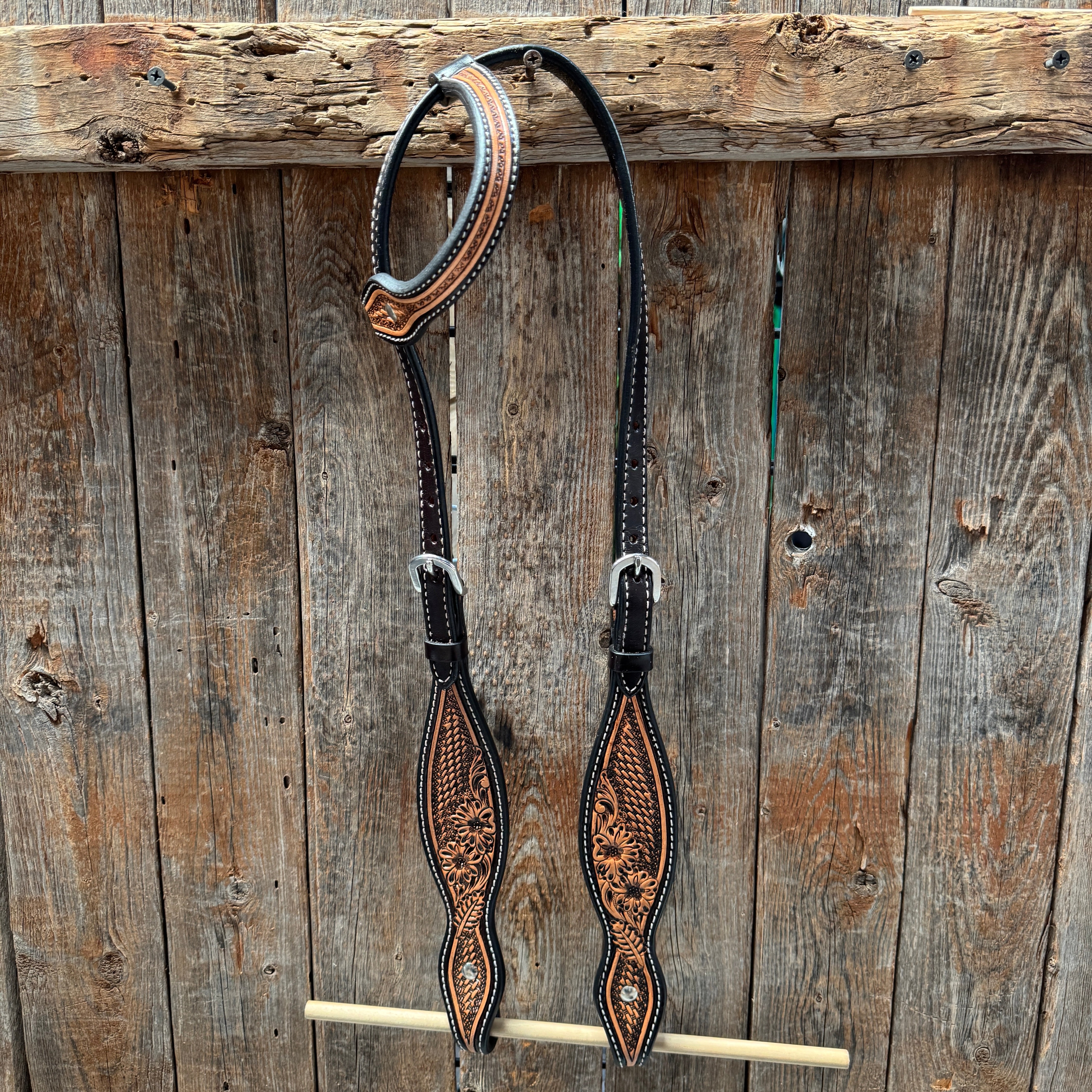 Two Tone Floral and Basketweave One Ear Headstall / Bridle #FK401