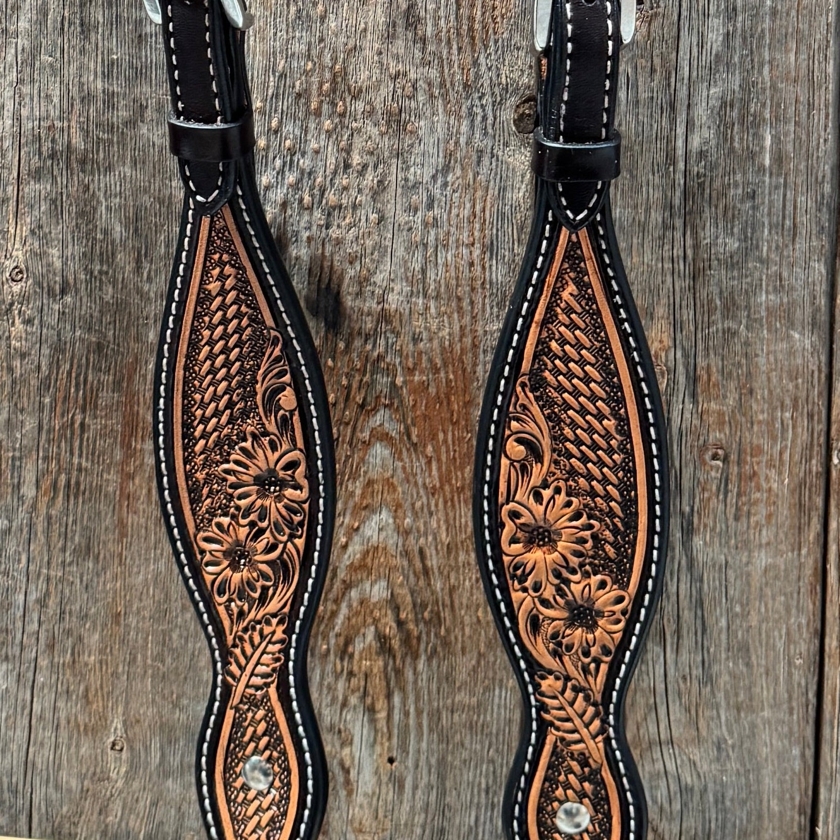 Two Tone Floral and Basketweave One Ear Headstall / Bridle #FK401