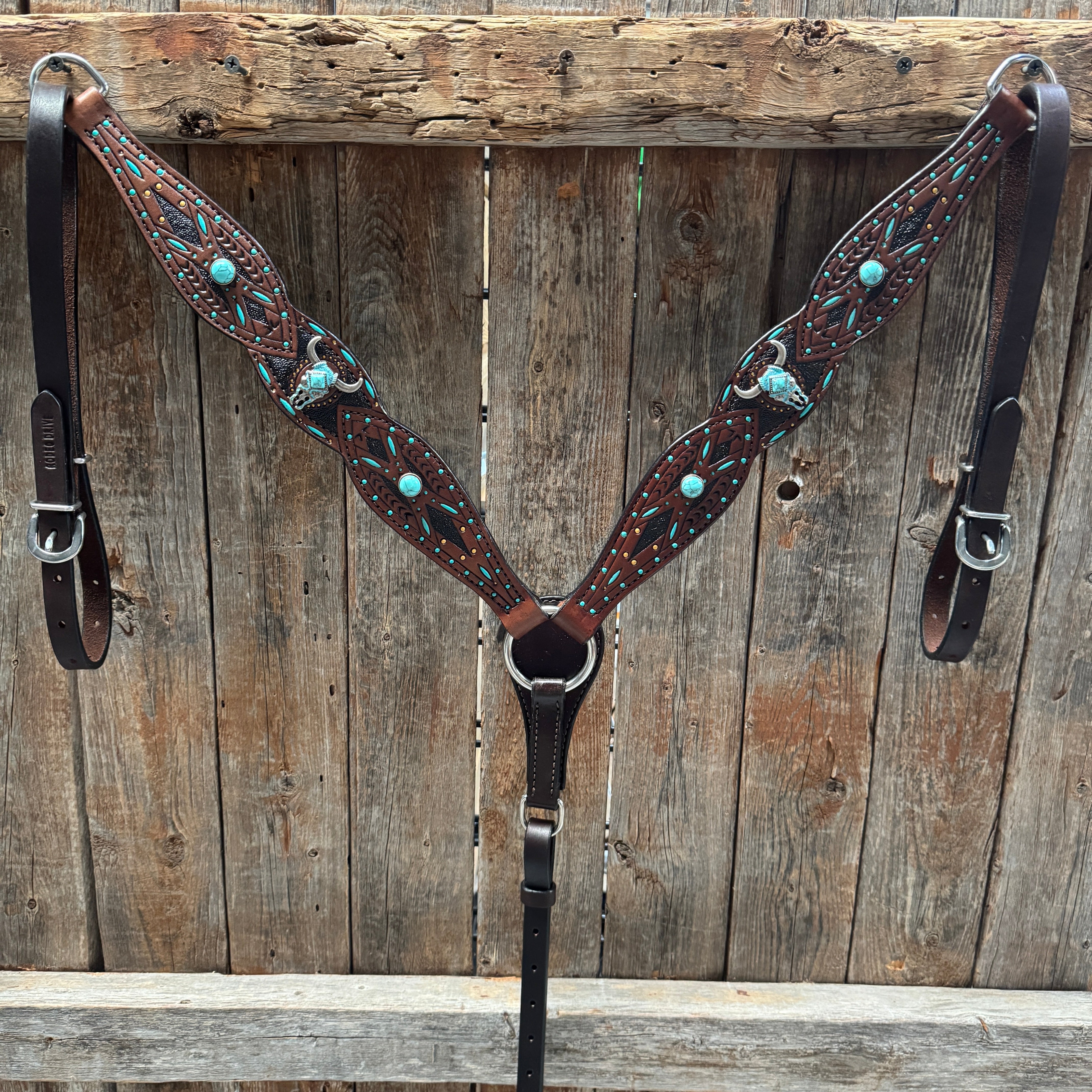 Dark Oil Hand Painted Steer Head and Turquoise Browband/One Ear and Breastcollar Tack Set #BBBC488