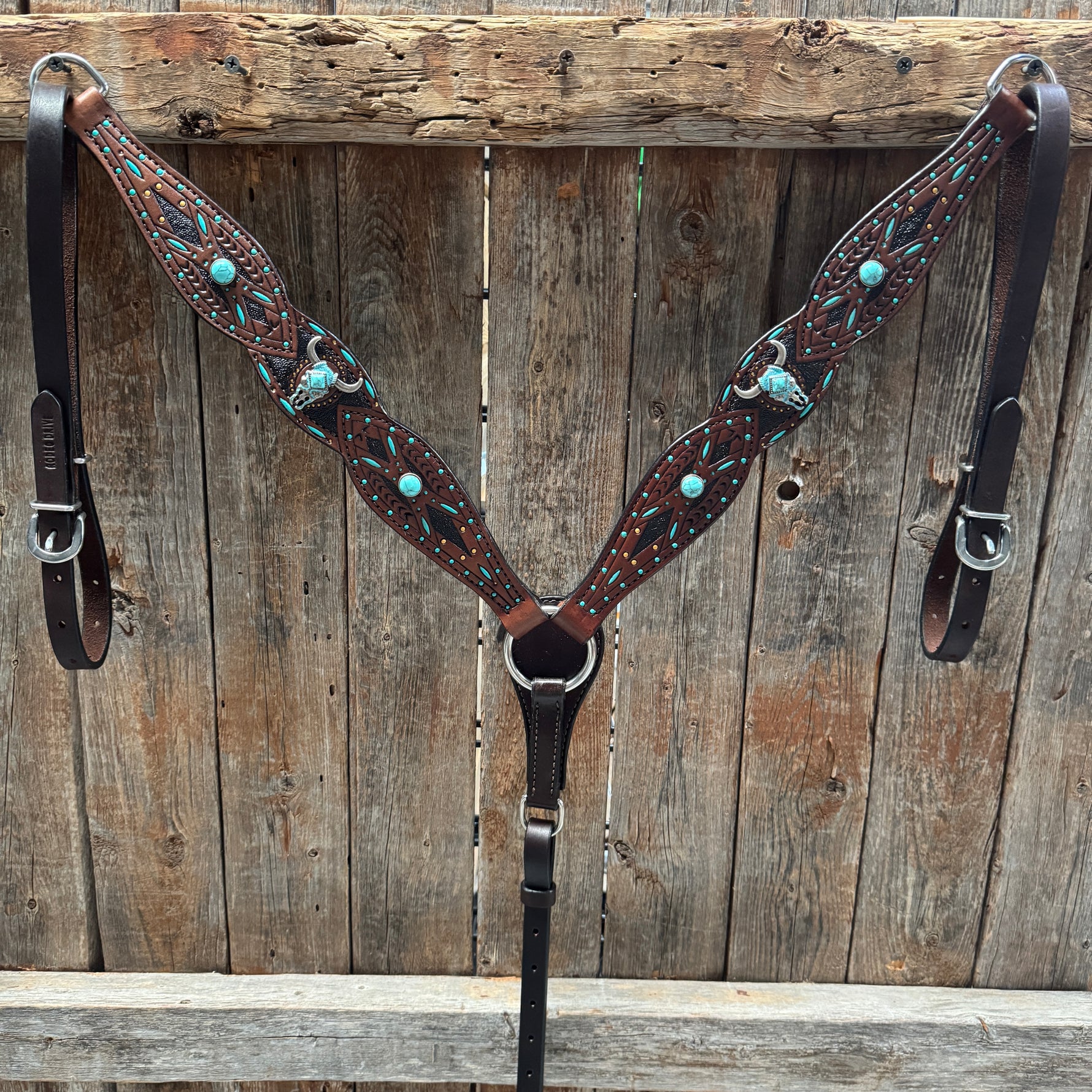 Dark Oil Hand Painted Steer Head and Turquoise Browband/One Ear and Breastcollar Tack Set #BBBC488