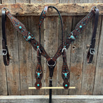 Dark Oil Hand Painted Steer Head and Turquoise Browband/One Ear and Breastcollar Tack Set #BBBC488