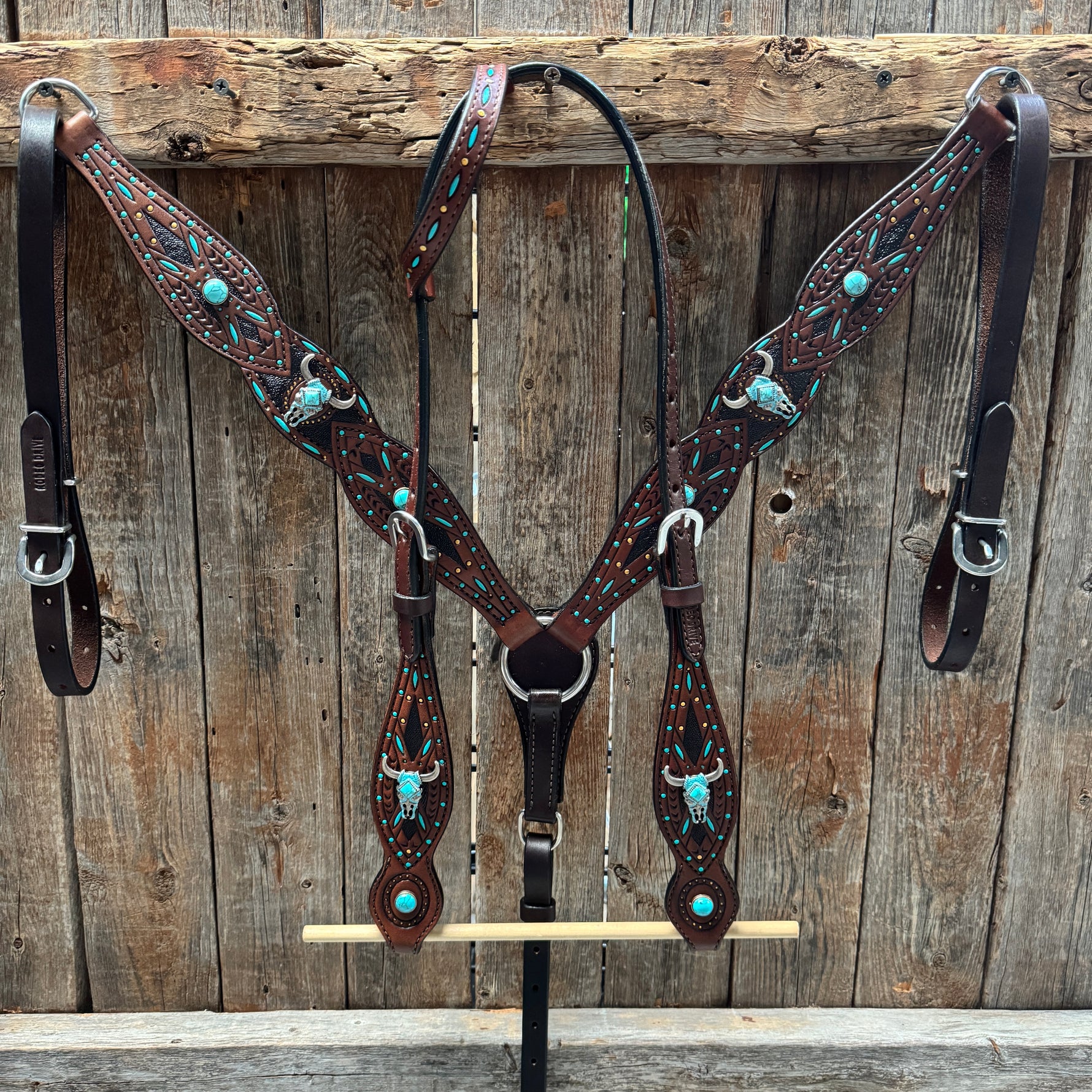 Dark Oil Hand Painted Steer Head and Turquoise Browband/One Ear and Breastcollar Tack Set #BBBC488