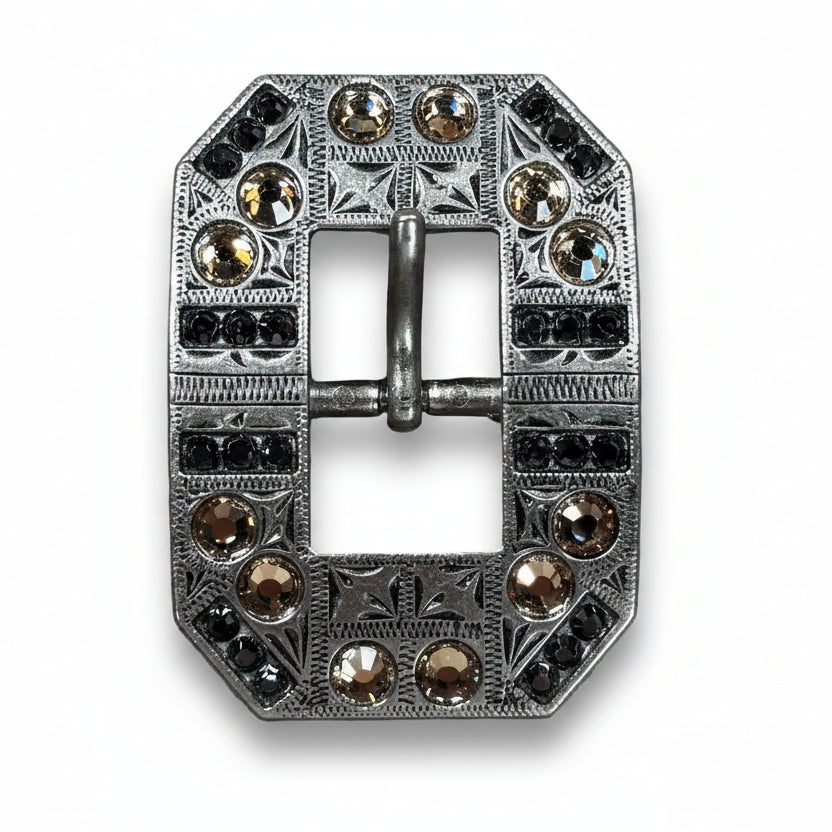 Antique Silver Champagne, Jet Crystal Conchos - Sizes from 1"- 3" and Buckles
