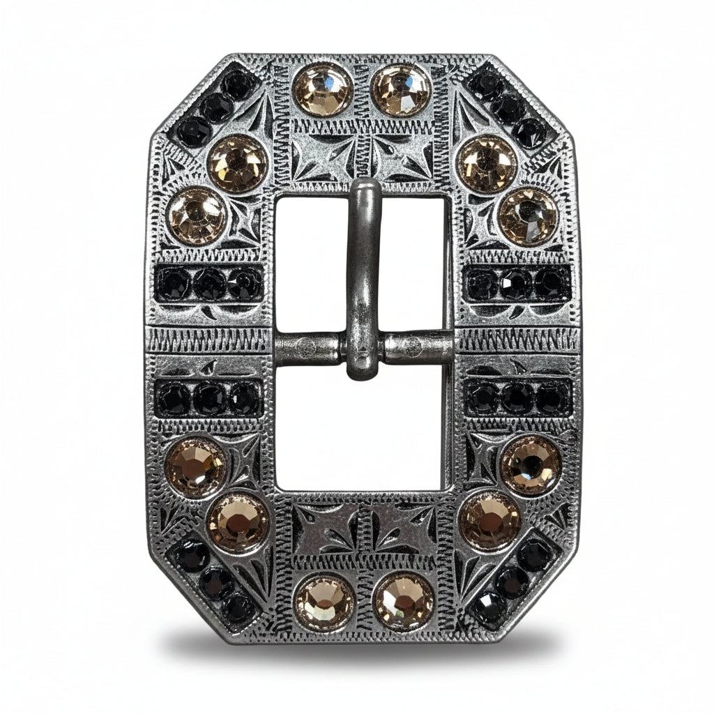 Antique Silver Champagne - Jet Crystal Conchos | Sizes 1"- 3" | Buckles | Saddle Set | Leather Rosettes | Slide