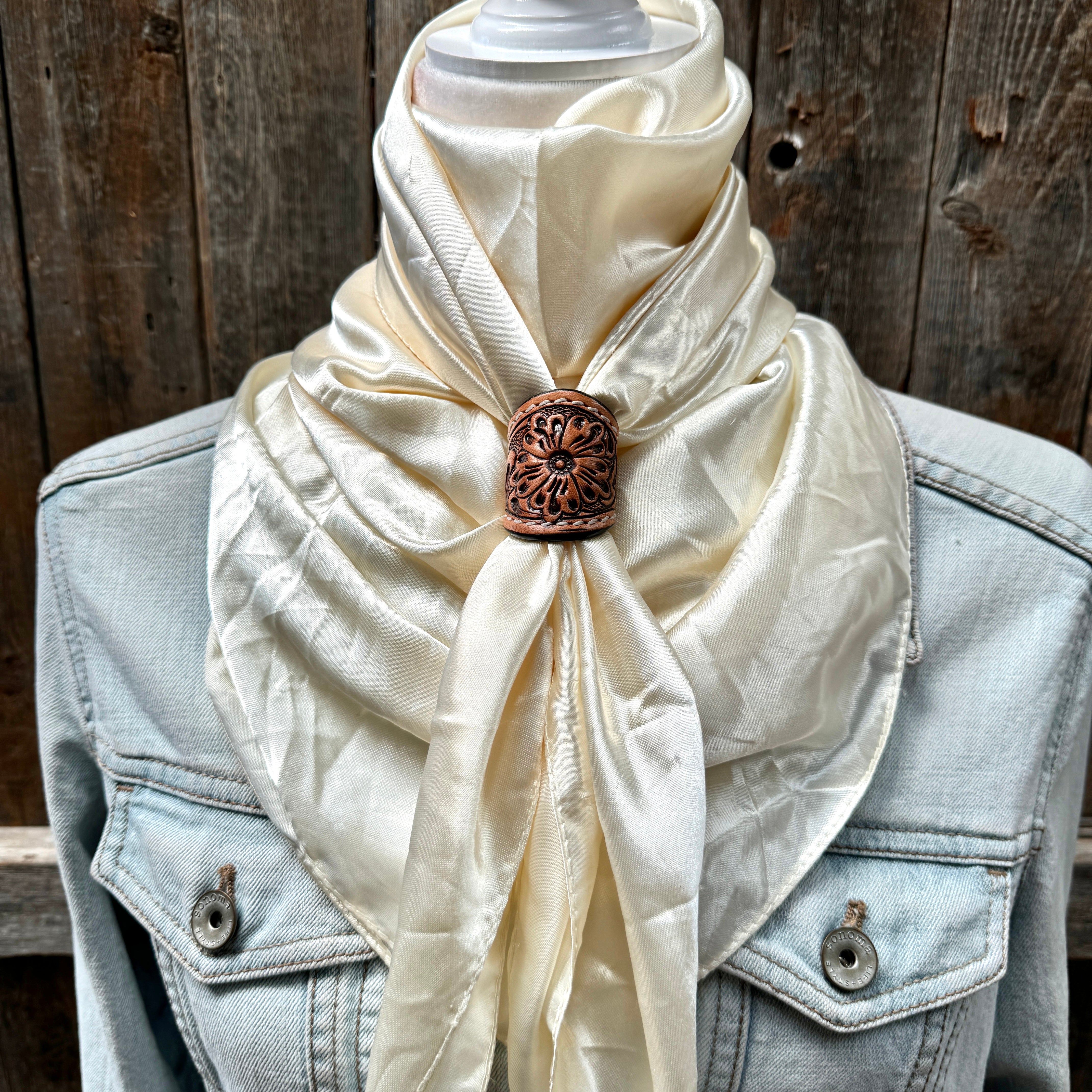 35X35" Solid Cream Wild Rag / Scarf WRS11 - Tooled Leather Wild Rag Slides - Assorted