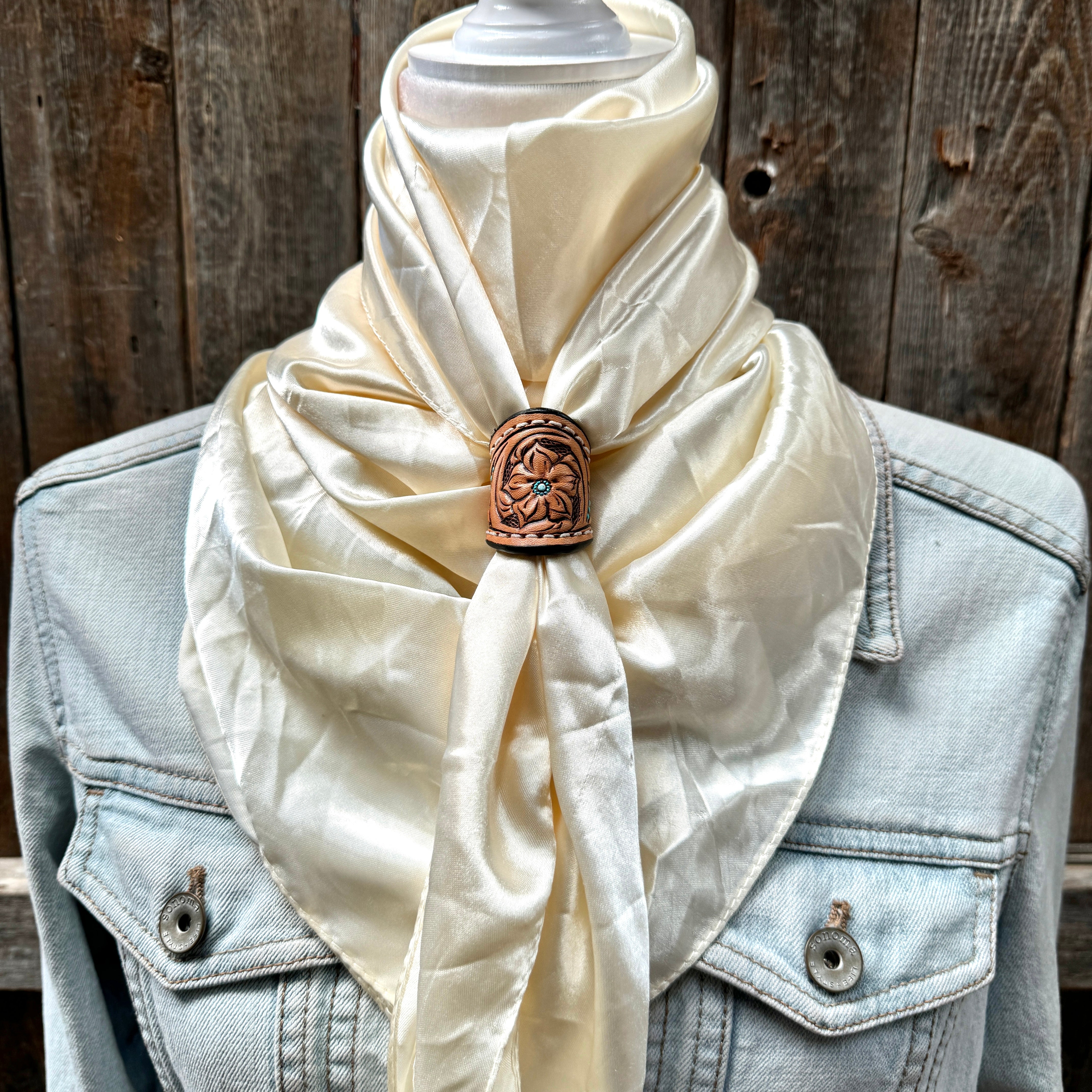 35X35" Solid Cream Wild Rag / Scarf WRS11 - Tooled Leather Wild Rag Slides - Assorted