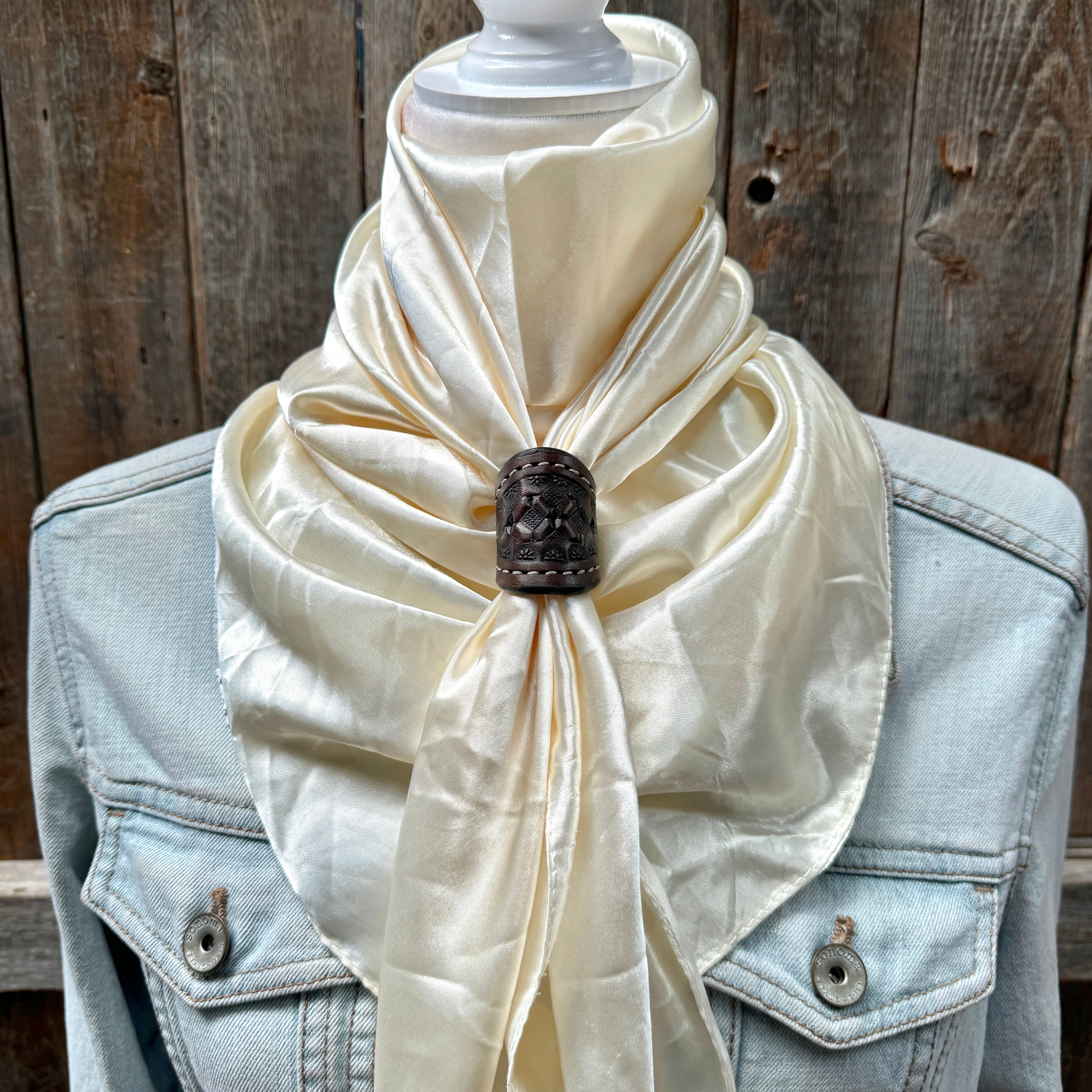 35X35" Solid Cream Wild Rag / Scarf WRS11 - Tooled Leather Wild Rag Slides - Assorted