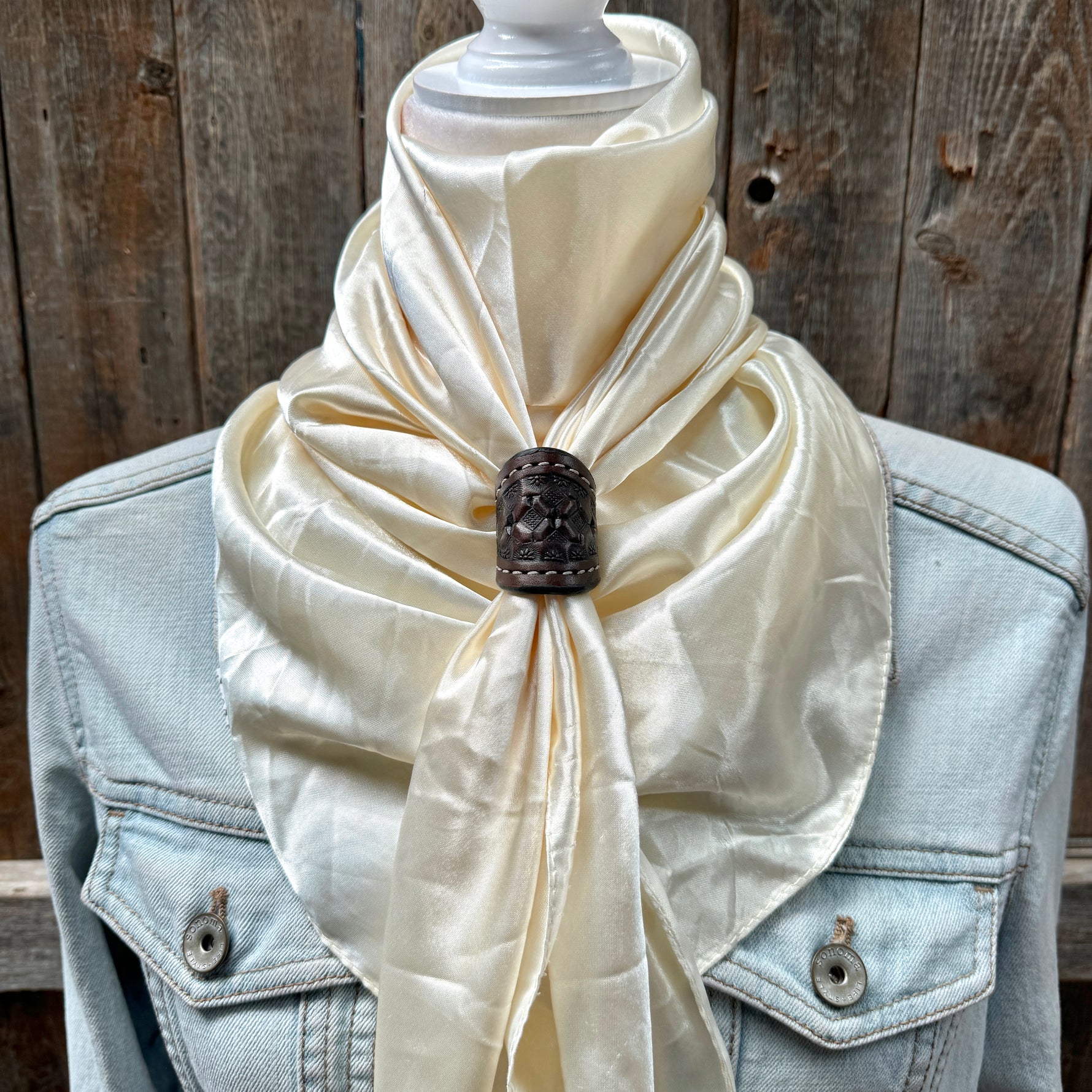 35X35" Solid Cream Wild Rag / Scarf WRS11 - Tooled Leather Wild Rag Slides - Assorted