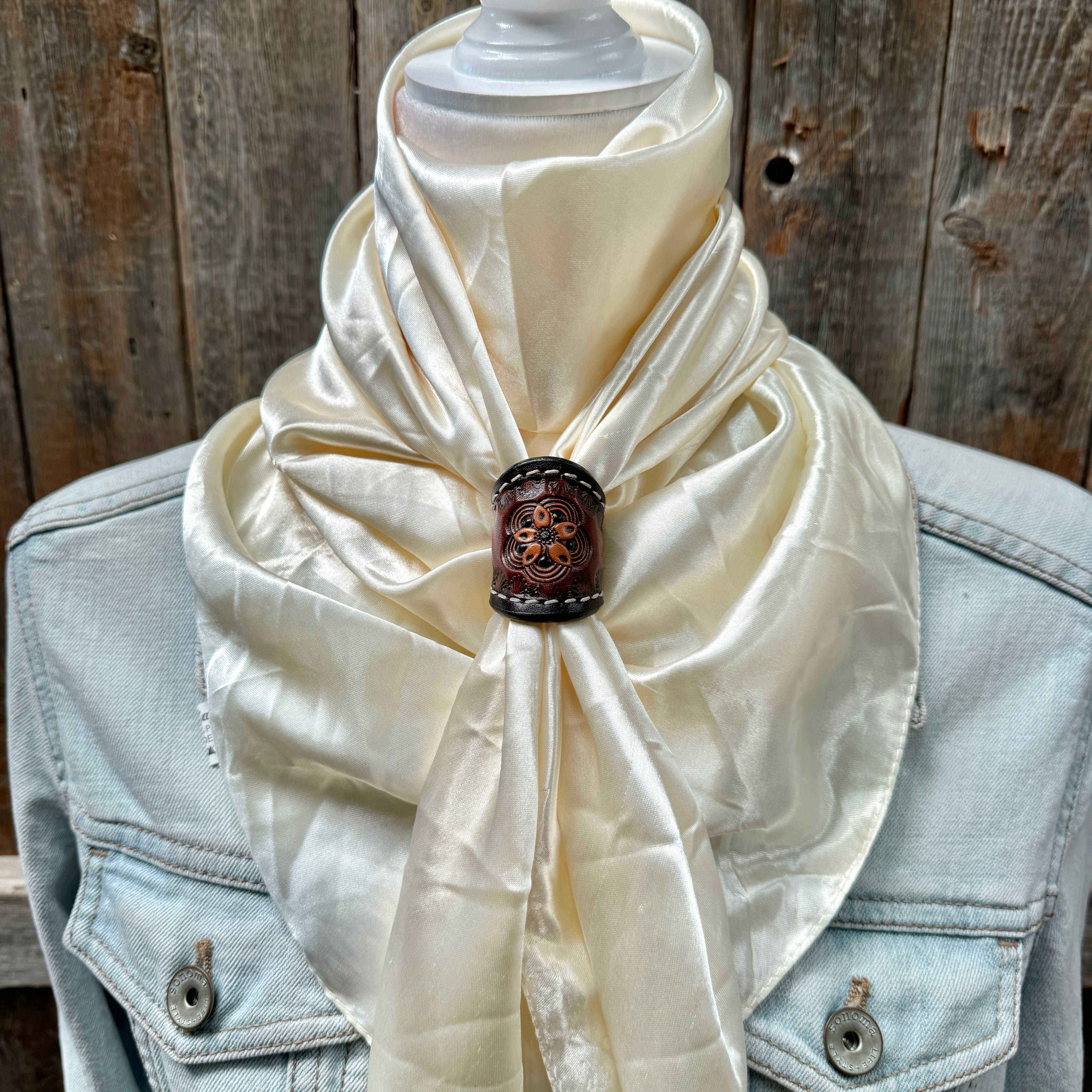 35X35" Solid Cream Wild Rag / Scarf WRS11 - Tooled Leather Wild Rag Slides - Assorted