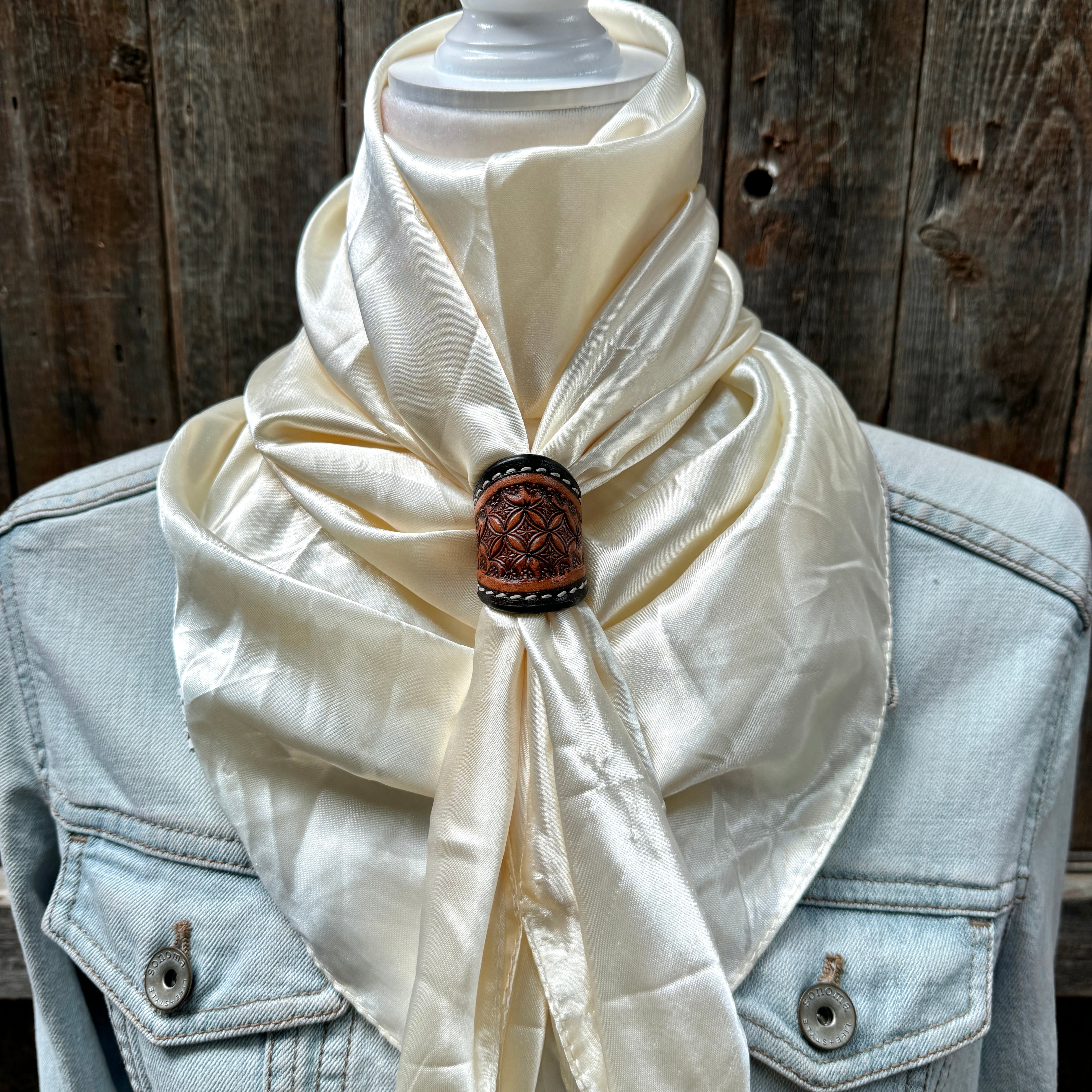 35X35" Solid Cream Wild Rag / Scarf WRS11 - Tooled Leather Wild Rag Slides - Assorted