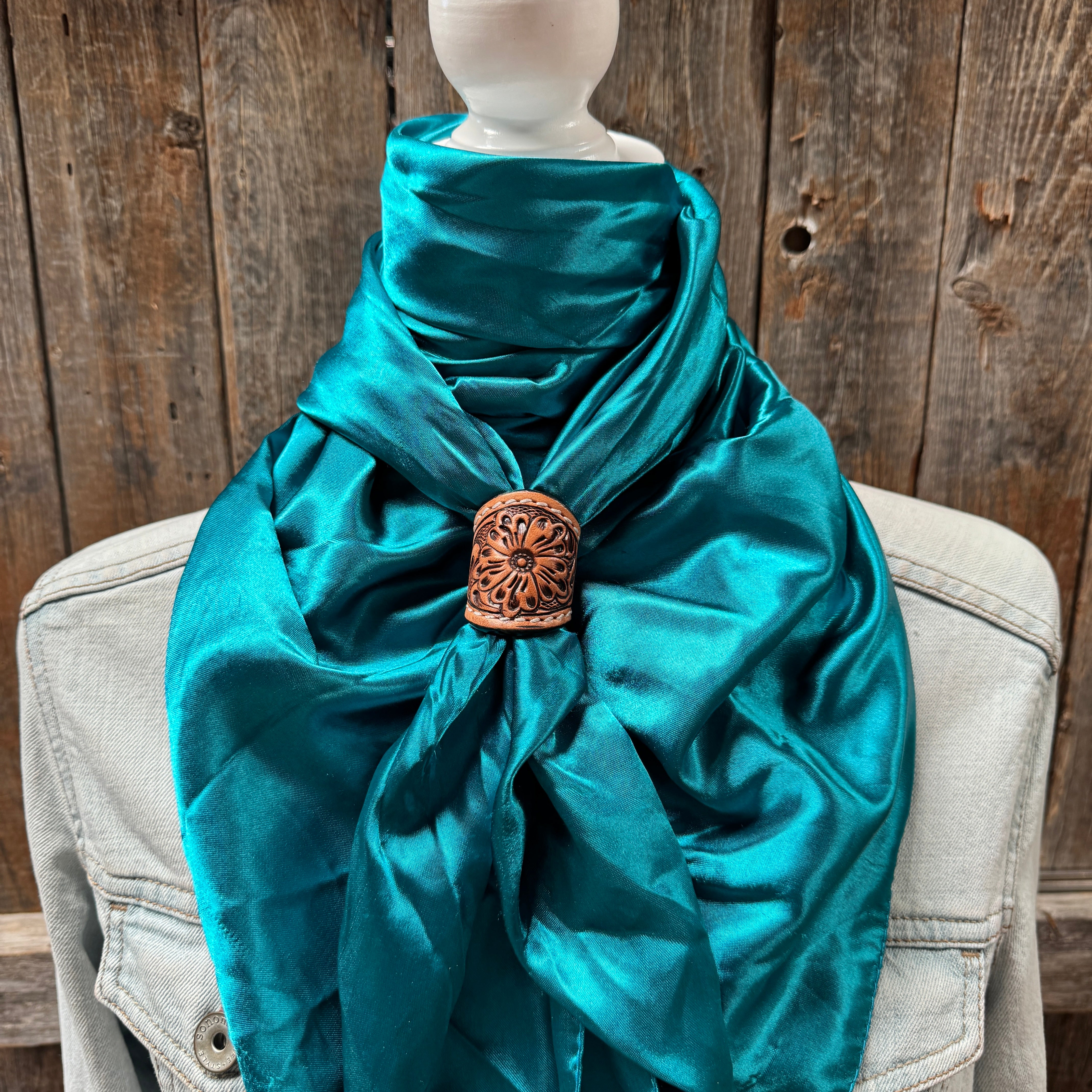 35X35" Solid Teal Wild Rag / Scarf WRS5 - Tooled Leather Wild Rag Slides - Assorted