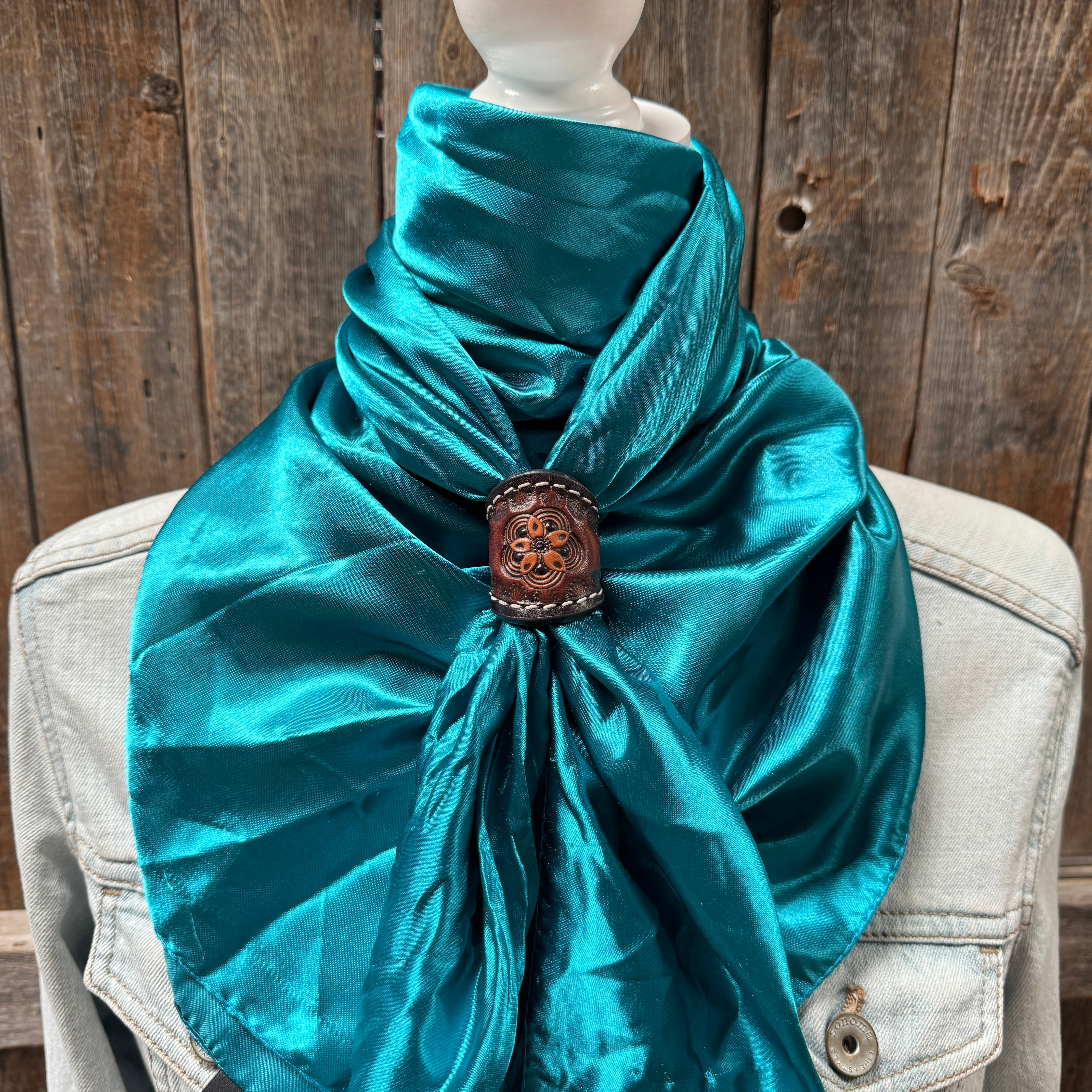 35X35" Solid Teal Wild Rag / Scarf WRS5 - Tooled Leather Wild Rag Slides - Assorted