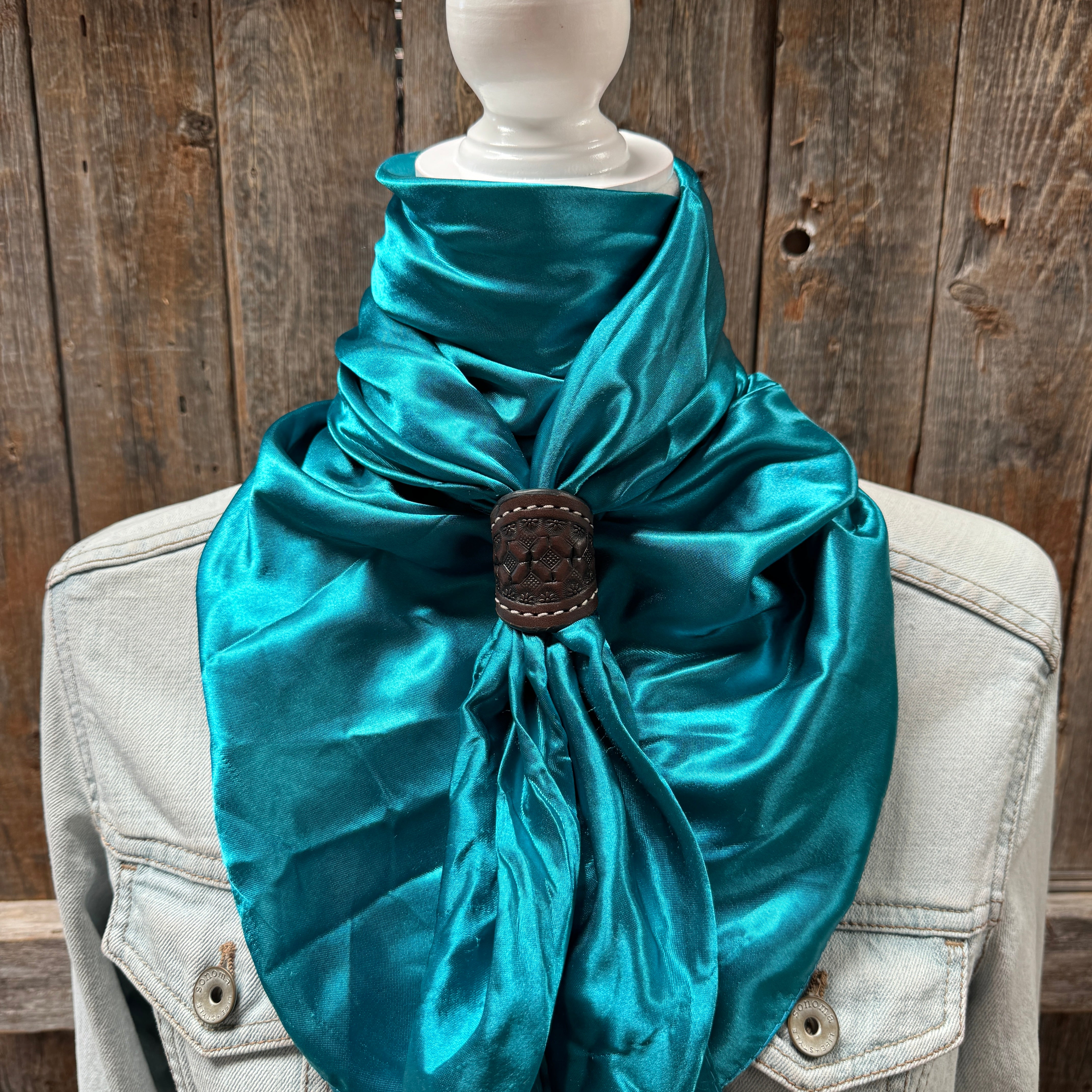 35X35" Solid Teal Wild Rag / Scarf WRS5 - Tooled Leather Wild Rag Slides - Assorted