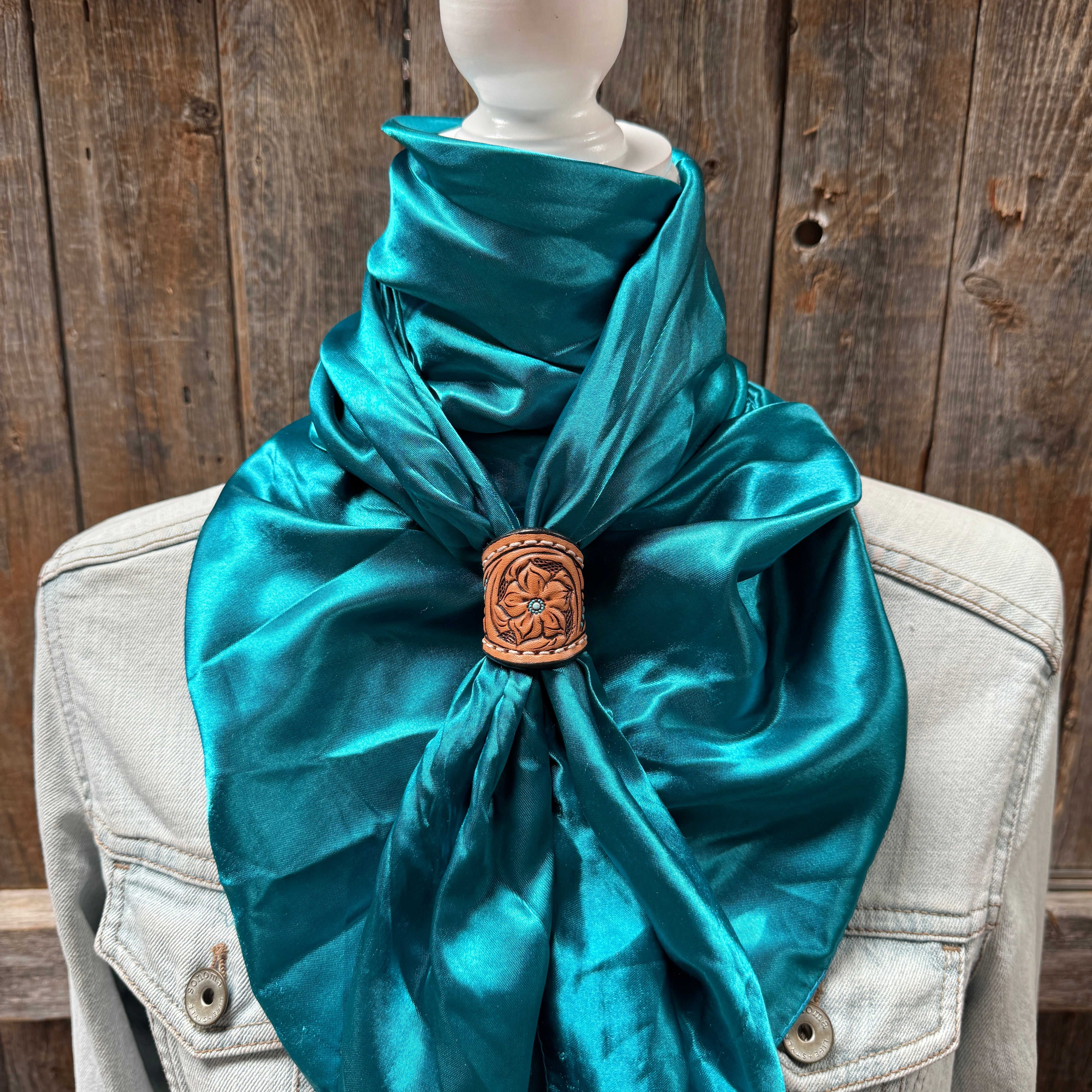 35X35" Solid Teal Wild Rag / Scarf WRS5 - Tooled Leather Wild Rag Slides - Assorted