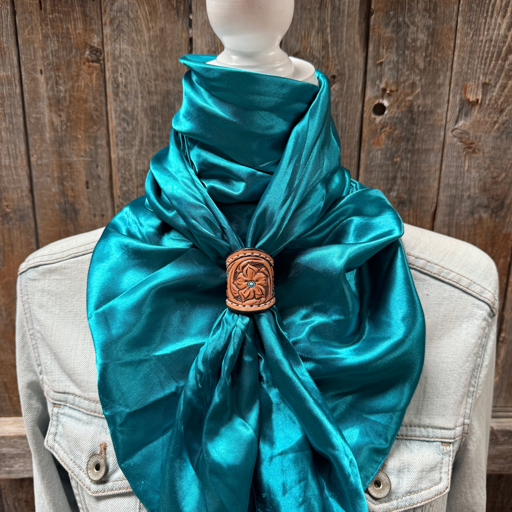 35X35" Solid Teal Wild Rag / Scarf WRS5 - Tooled Leather Wild Rag Slides - Assorted