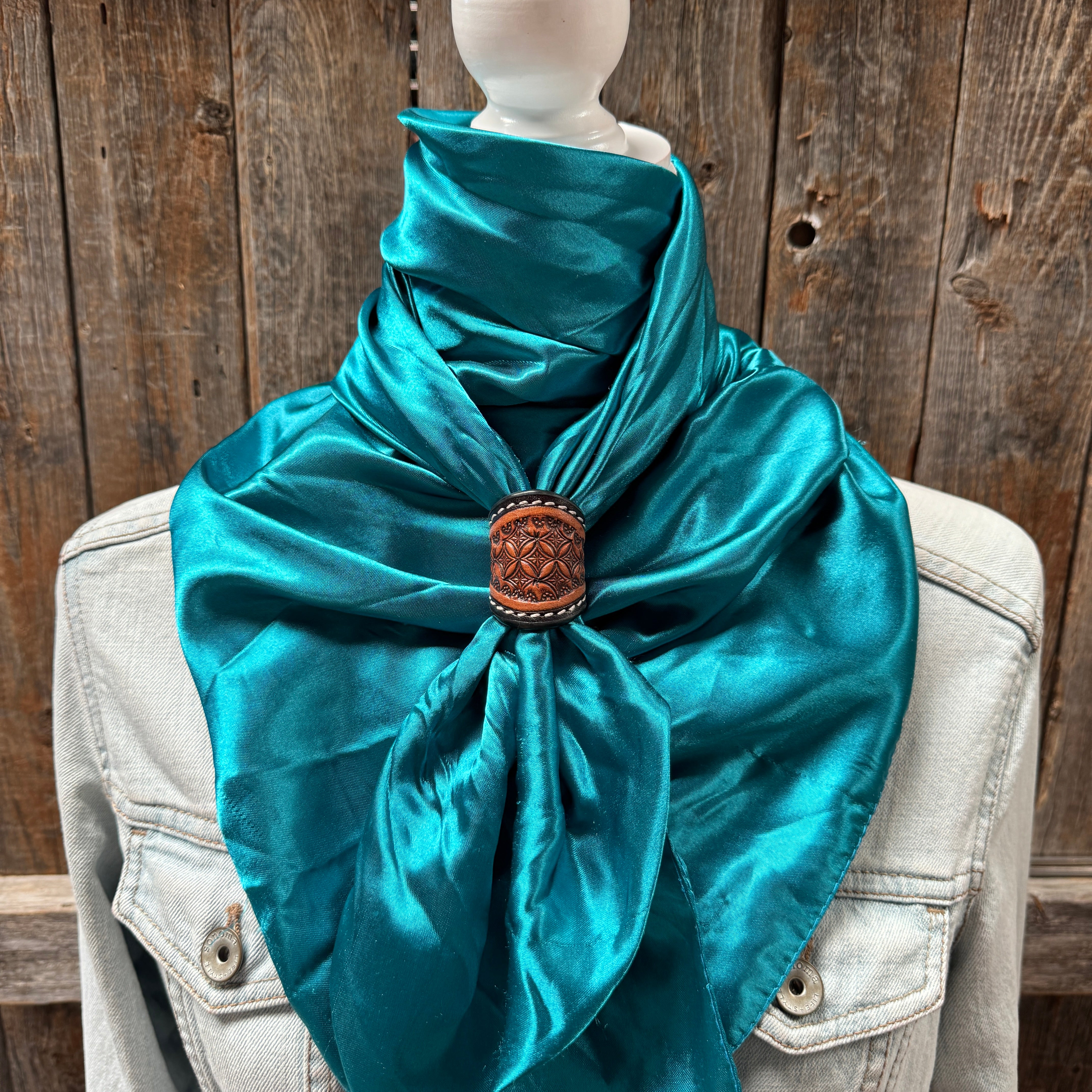 35X35" Solid Teal Wild Rag / Scarf WRS5 - Tooled Leather Wild Rag Slides - Assorted