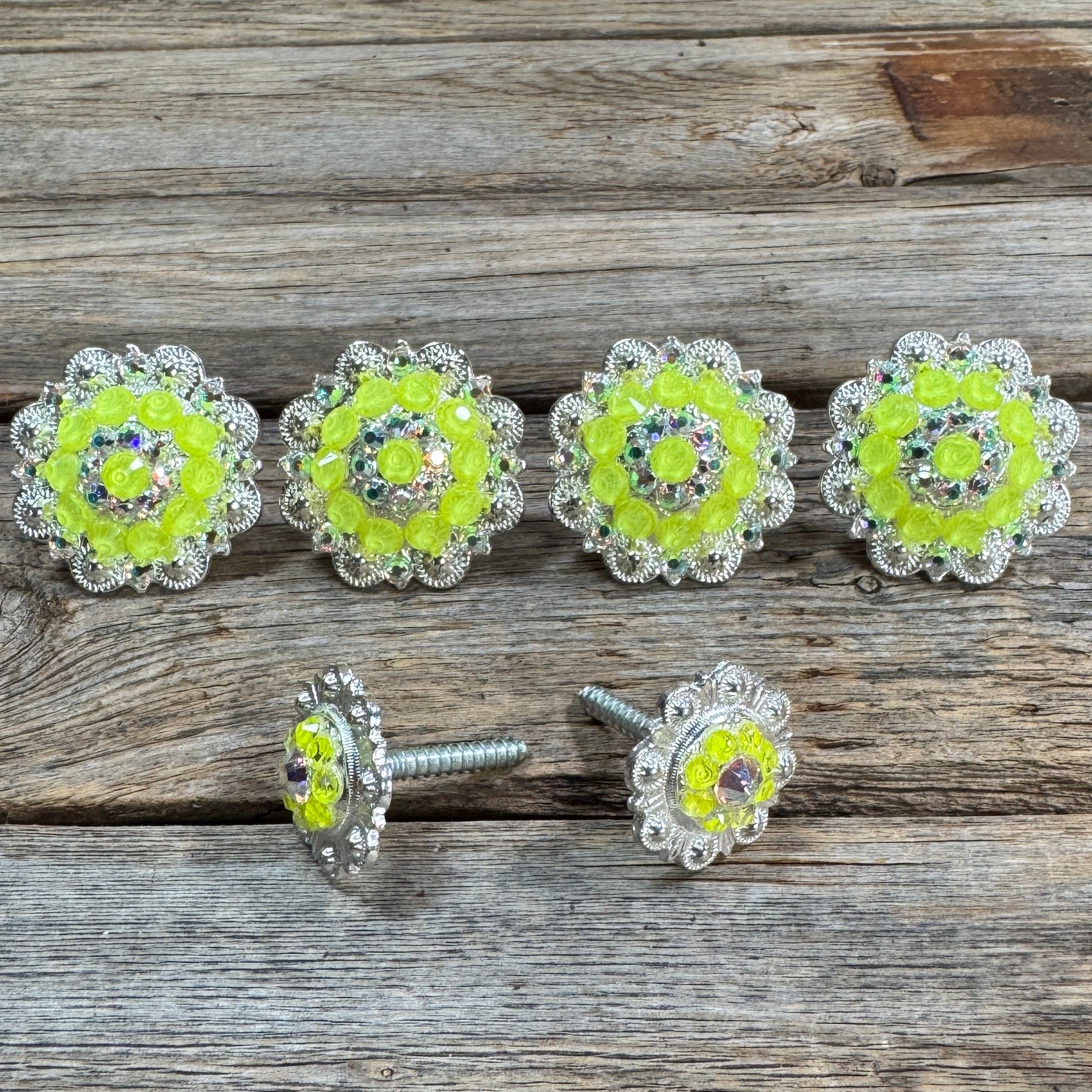 Bright Silver Neon Yellow & AB Saddle Conchos