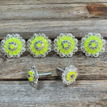 Bright Silver Neon Yellow & AB Saddle Conchos