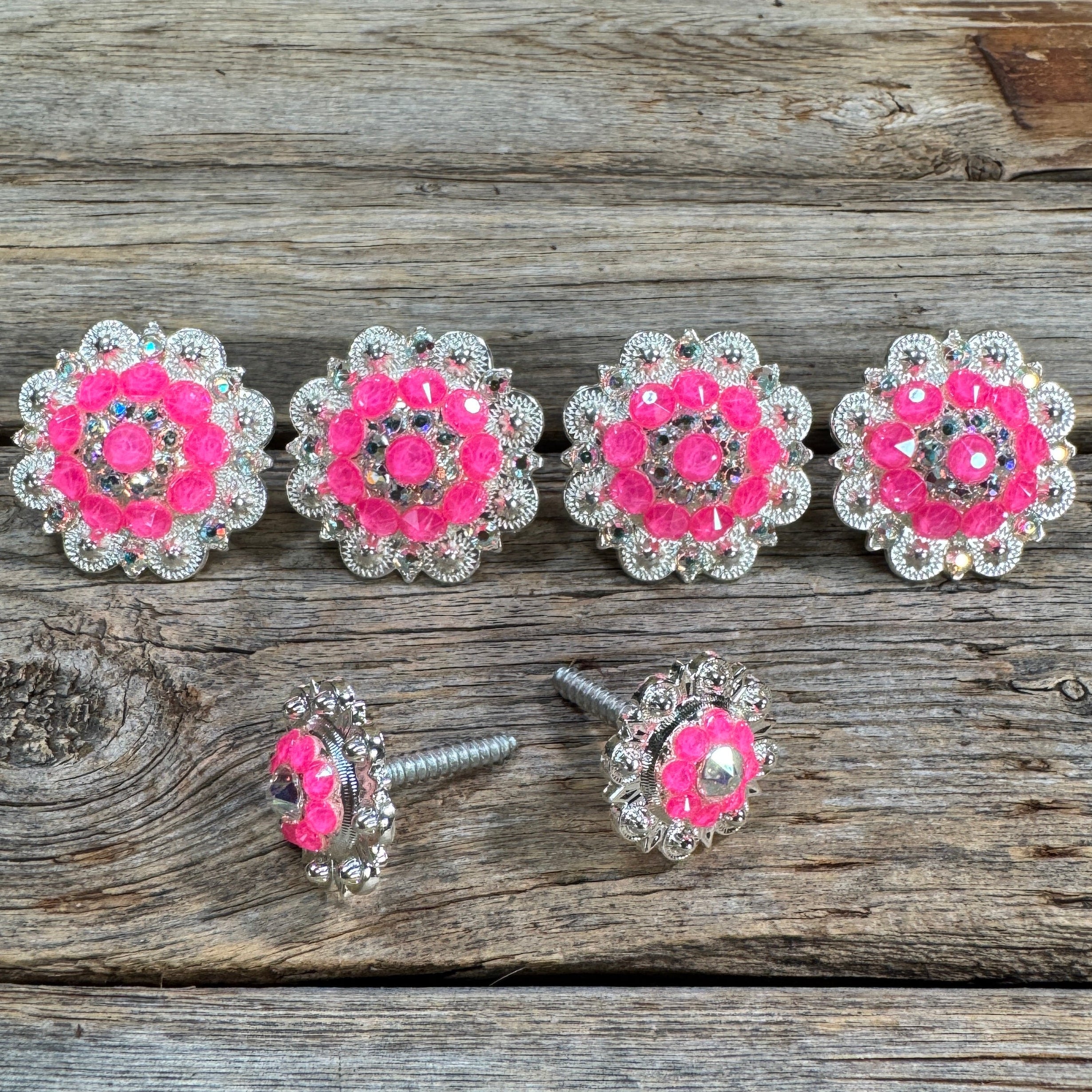 Bright Silver Neon Pink & AB Saddle Conchos
