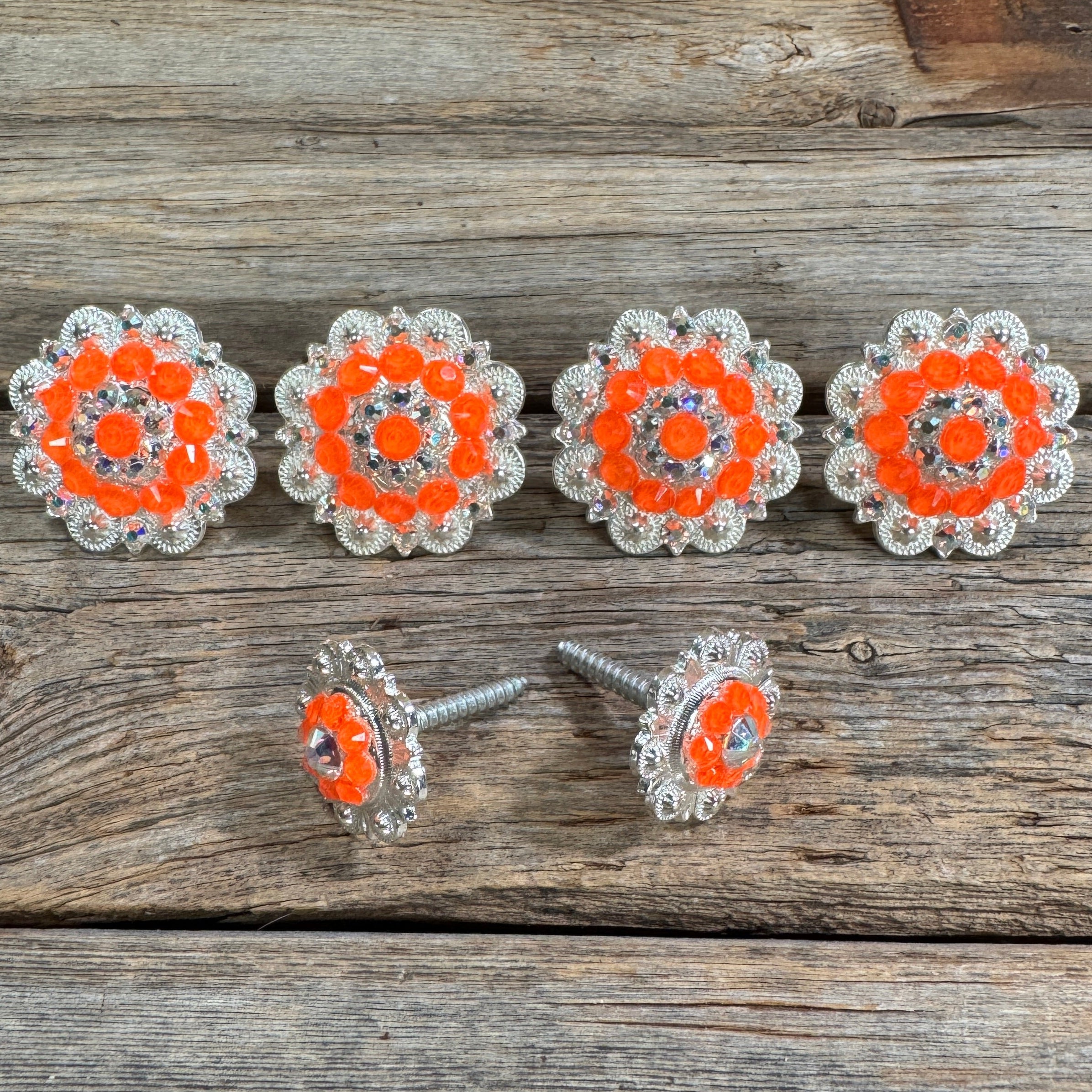 Bright Silver Neon Orange & AB Saddle Conchos