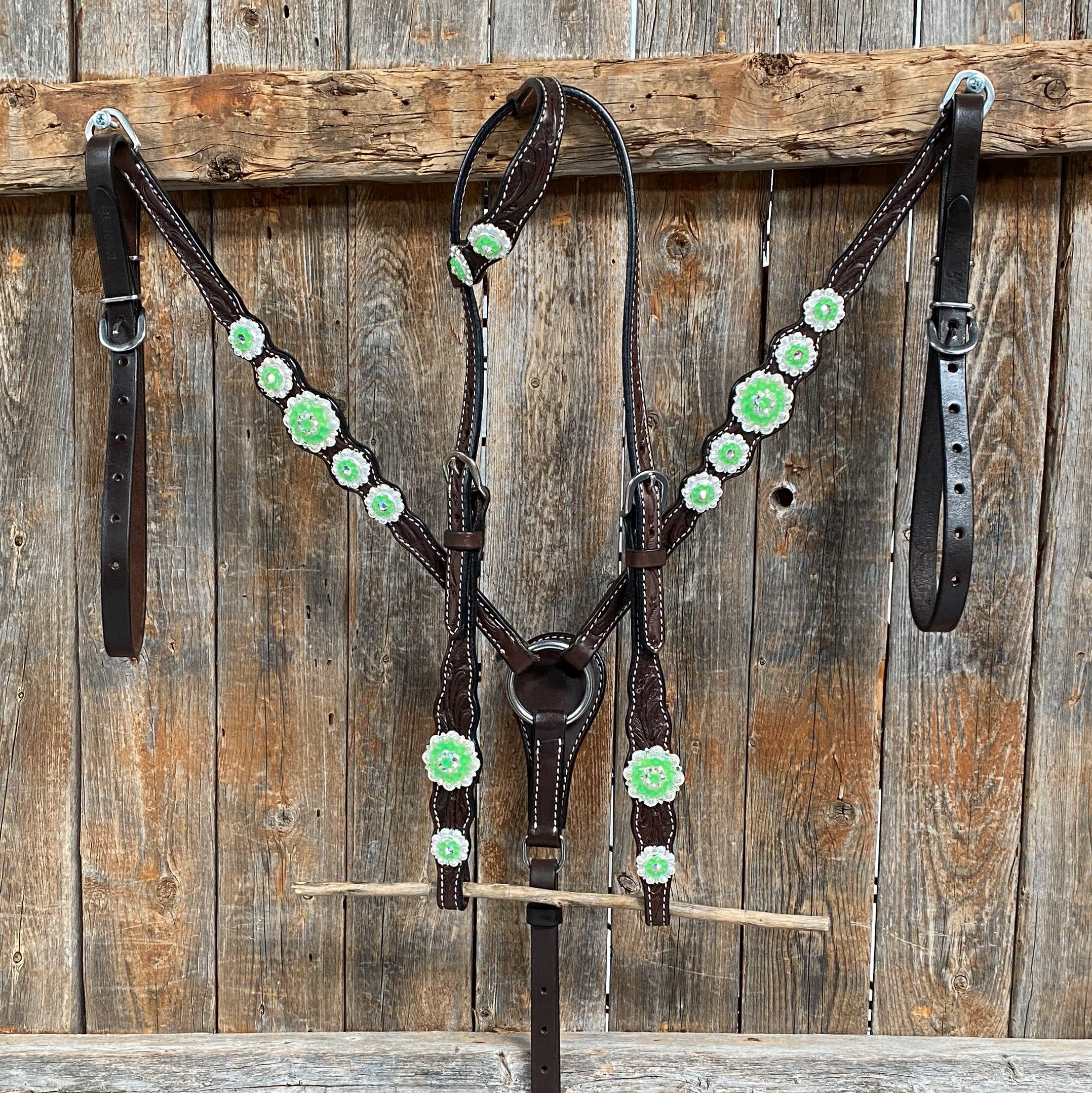 Dark Oil Floral Neon Green Browband / One Ear Tack Set #BBBC560 - RODEO DRIVE