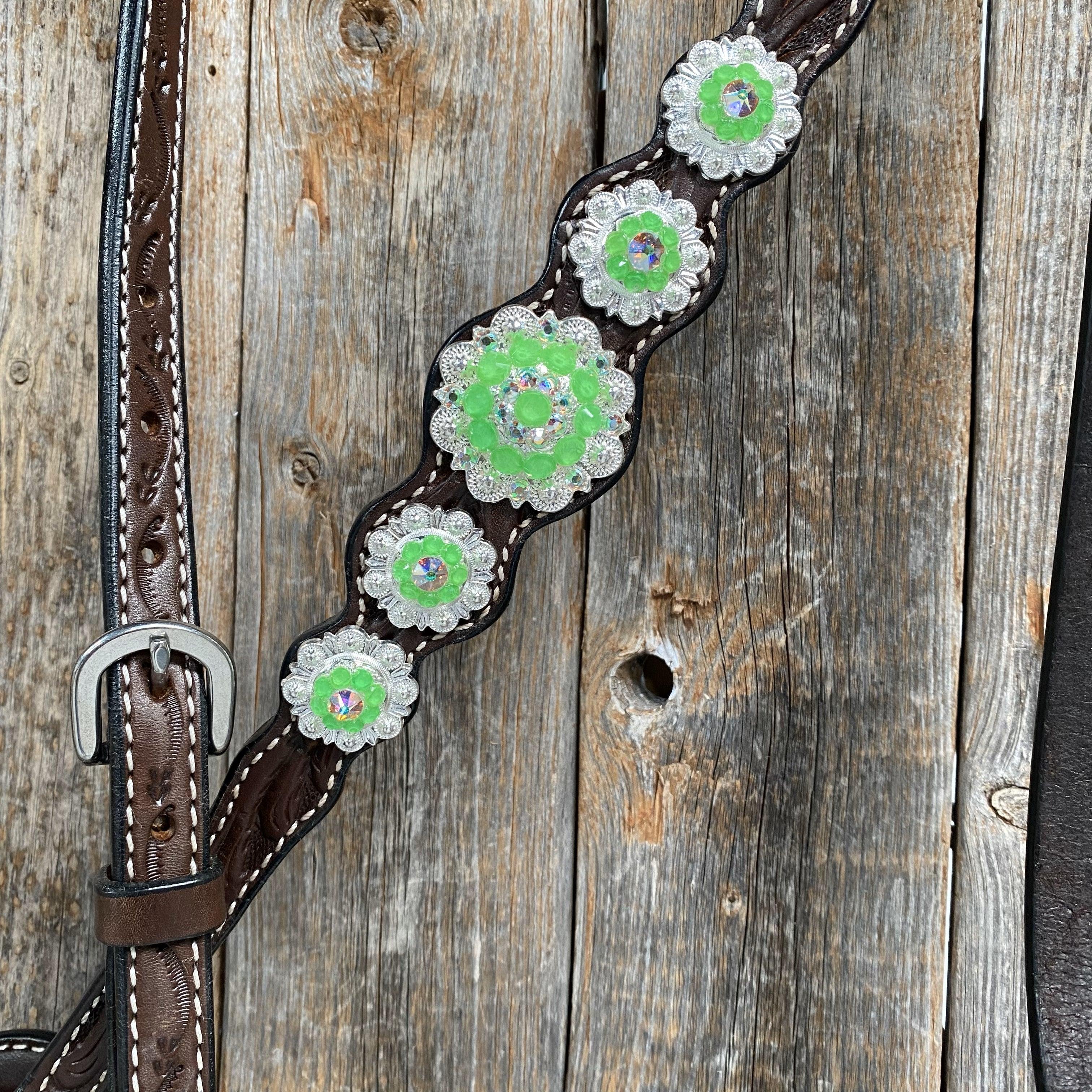 Dark Oil Floral Neon Green Browband / One Ear Tack Set #BBBC560 - RODEO DRIVE