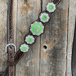 Dark Oil Floral Neon Green Browband / One Ear Tack Set #BBBC560 - RODEO DRIVE