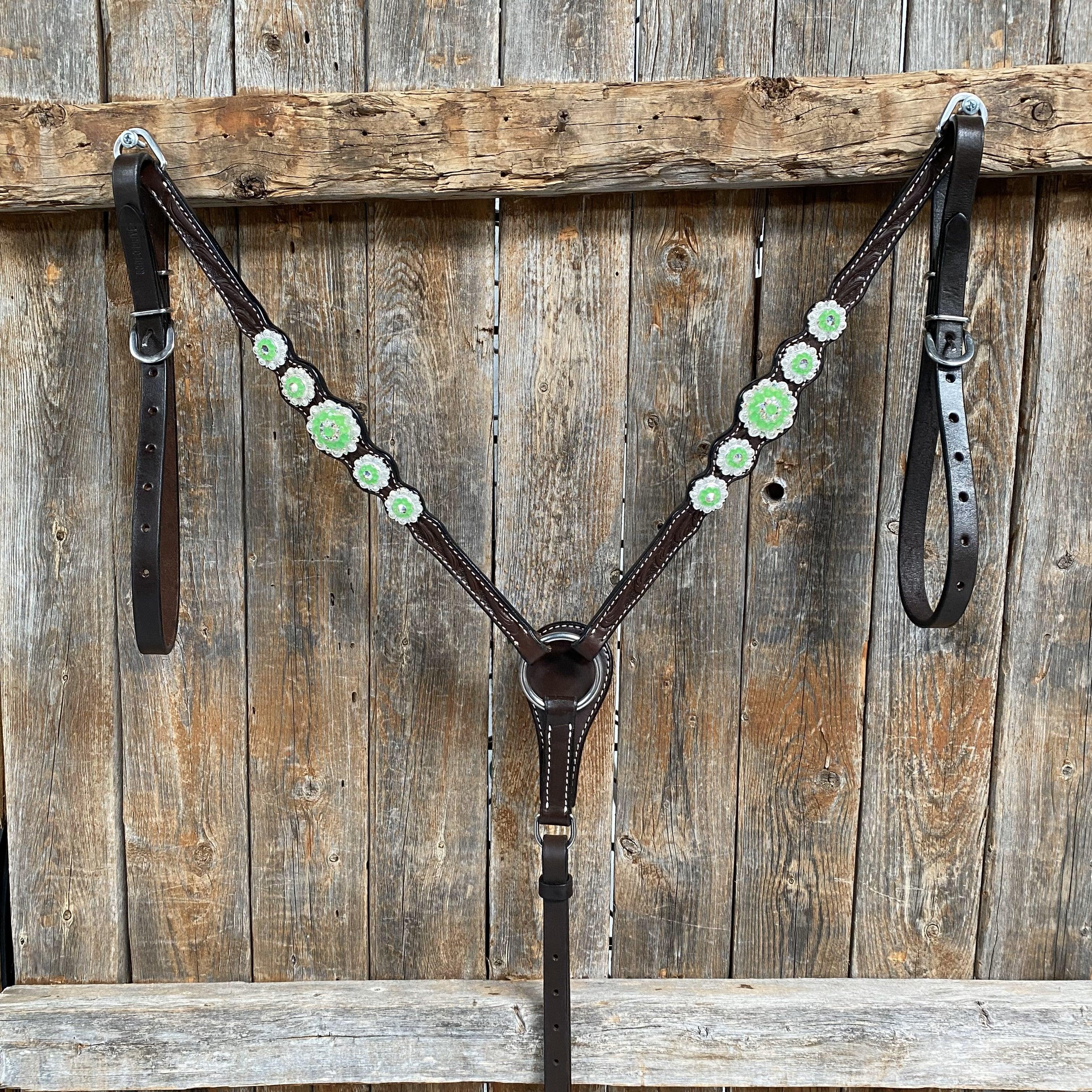Dark Oil Floral Neon Green Browband / One Ear Tack Set #BBBC560 - RODEO DRIVE