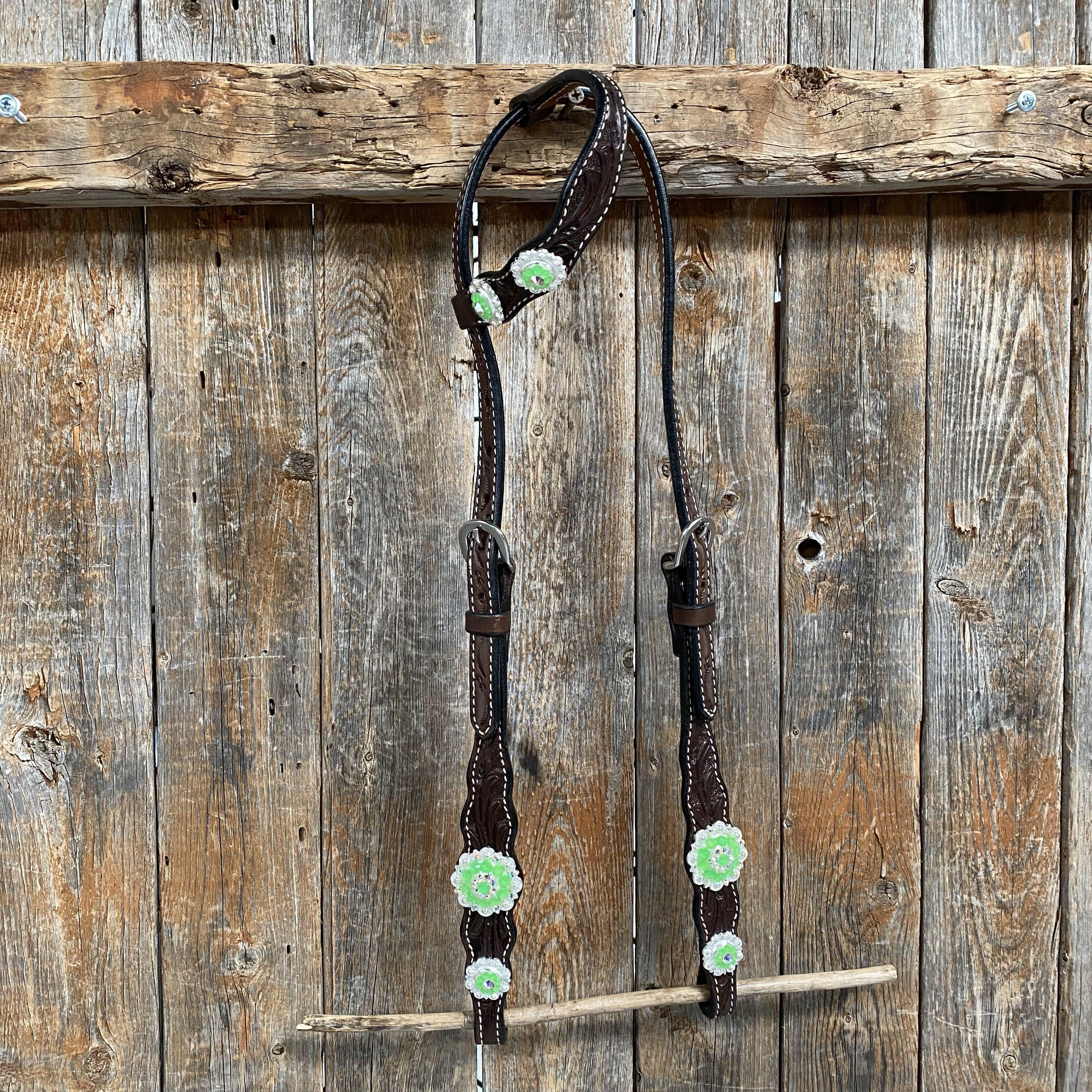Dark Oil Floral Neon Green Browband / One Ear Tack Set #BBBC560 - RODEO DRIVE