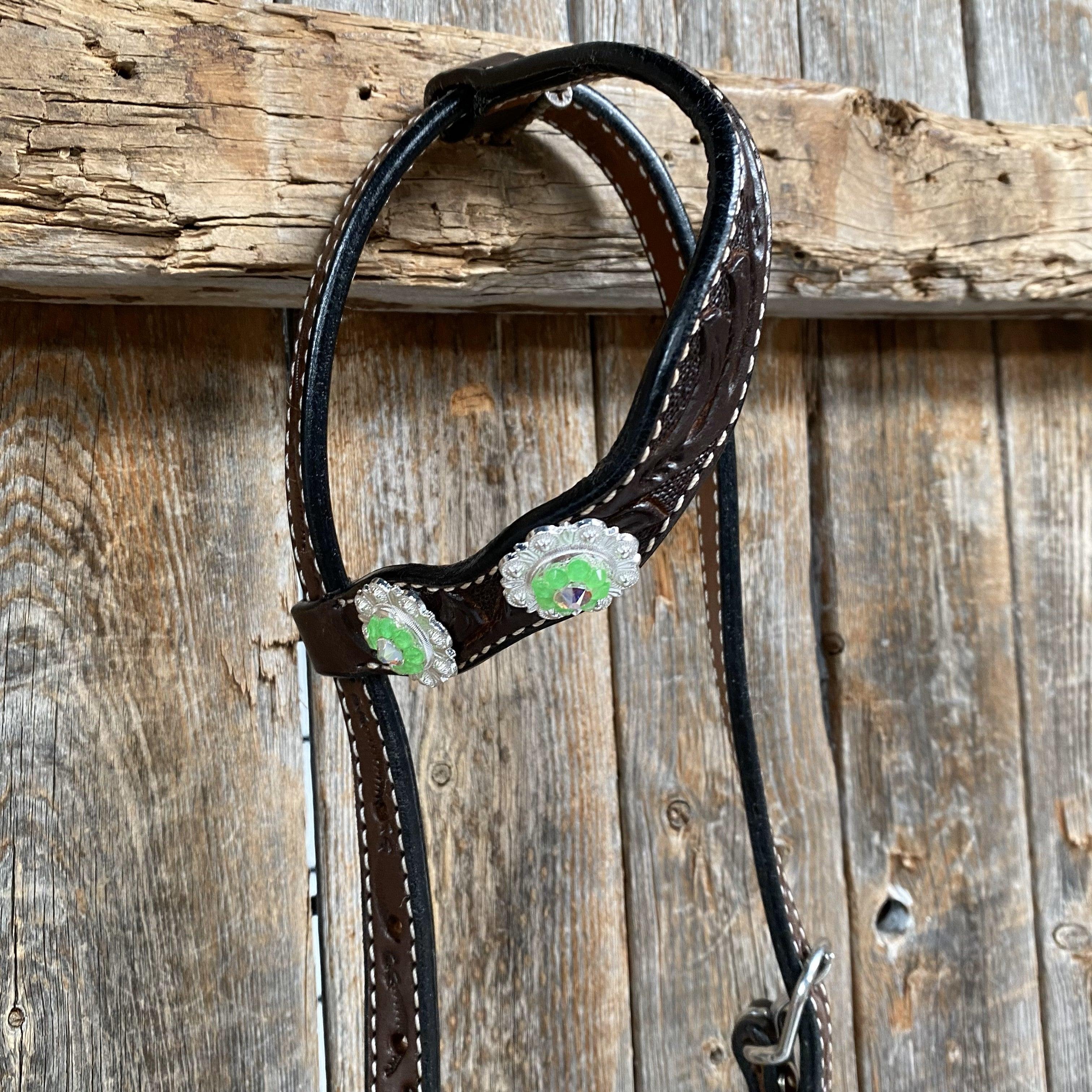 Dark Oil Floral Neon Green Browband / One Ear Tack Set #BBBC560 - RODEO DRIVE