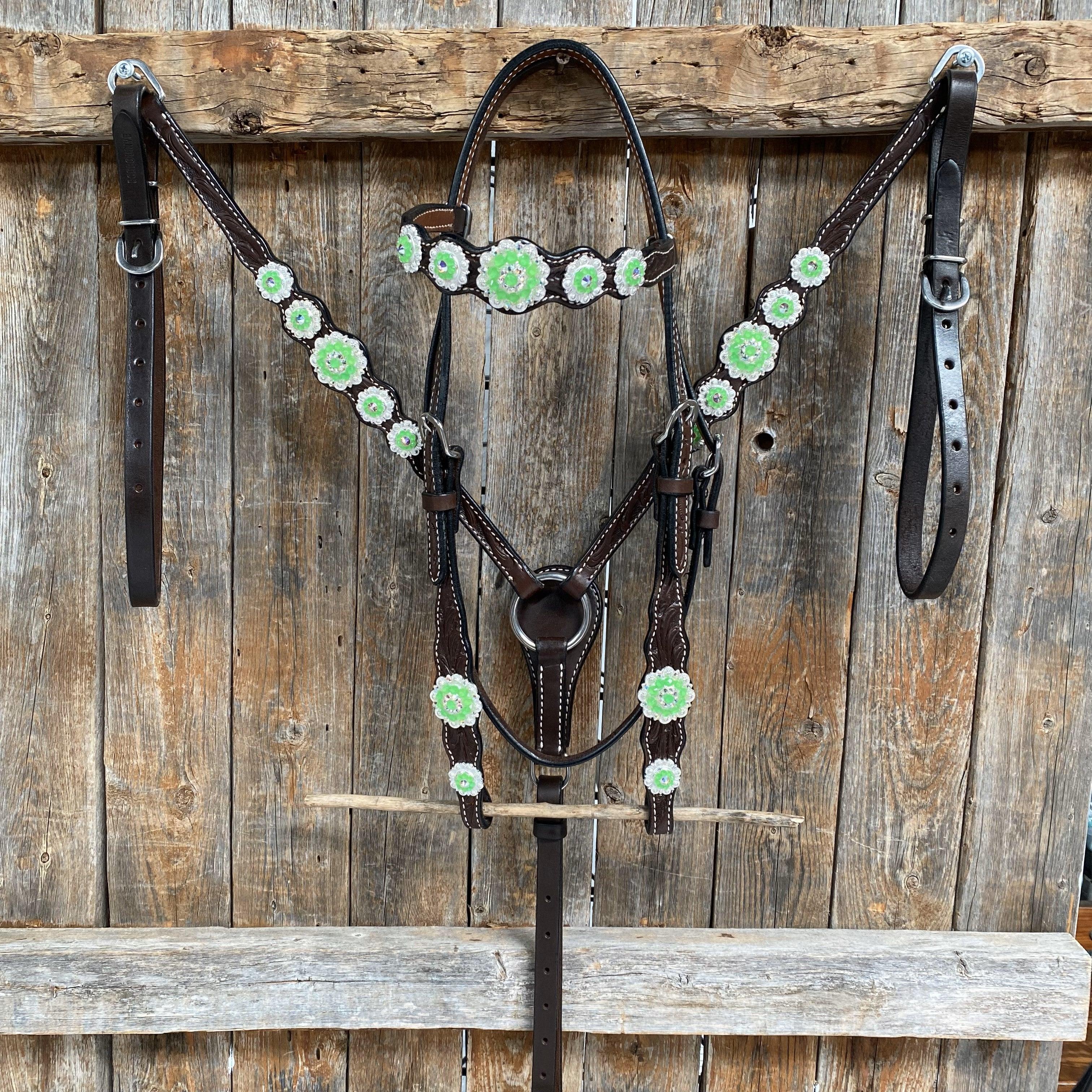Dark Oil Floral Neon Green Browband / One Ear Tack Set #BBBC560 - RODEO DRIVE