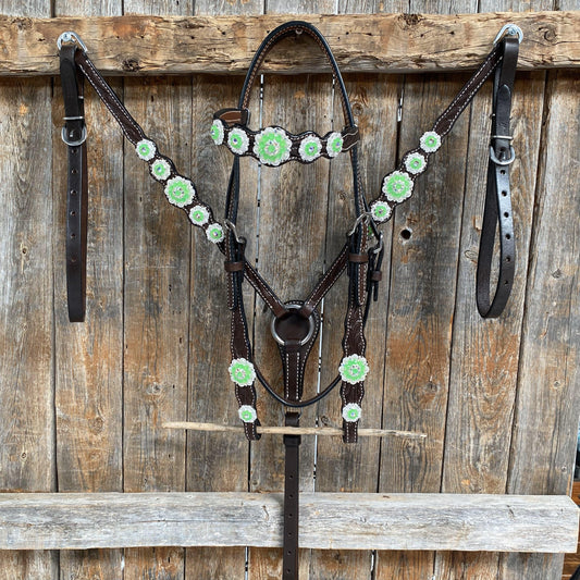 Dark Oil Floral Neon Green Browband / One Ear Tack Set #BBBC560 - RODEO DRIVE