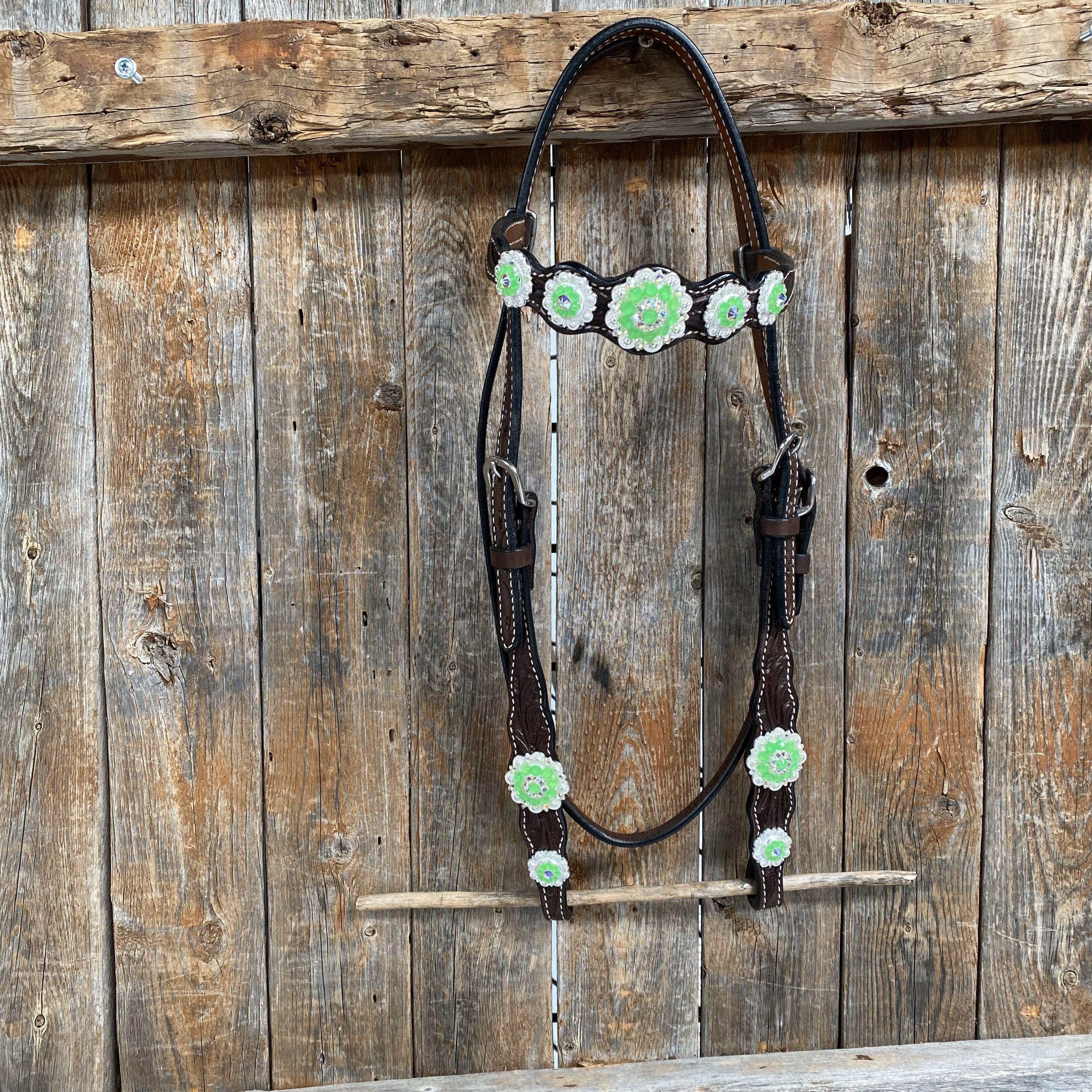 Dark Oil Floral Neon Green Browband / One Ear Tack Set #BBBC560 - RODEO DRIVE