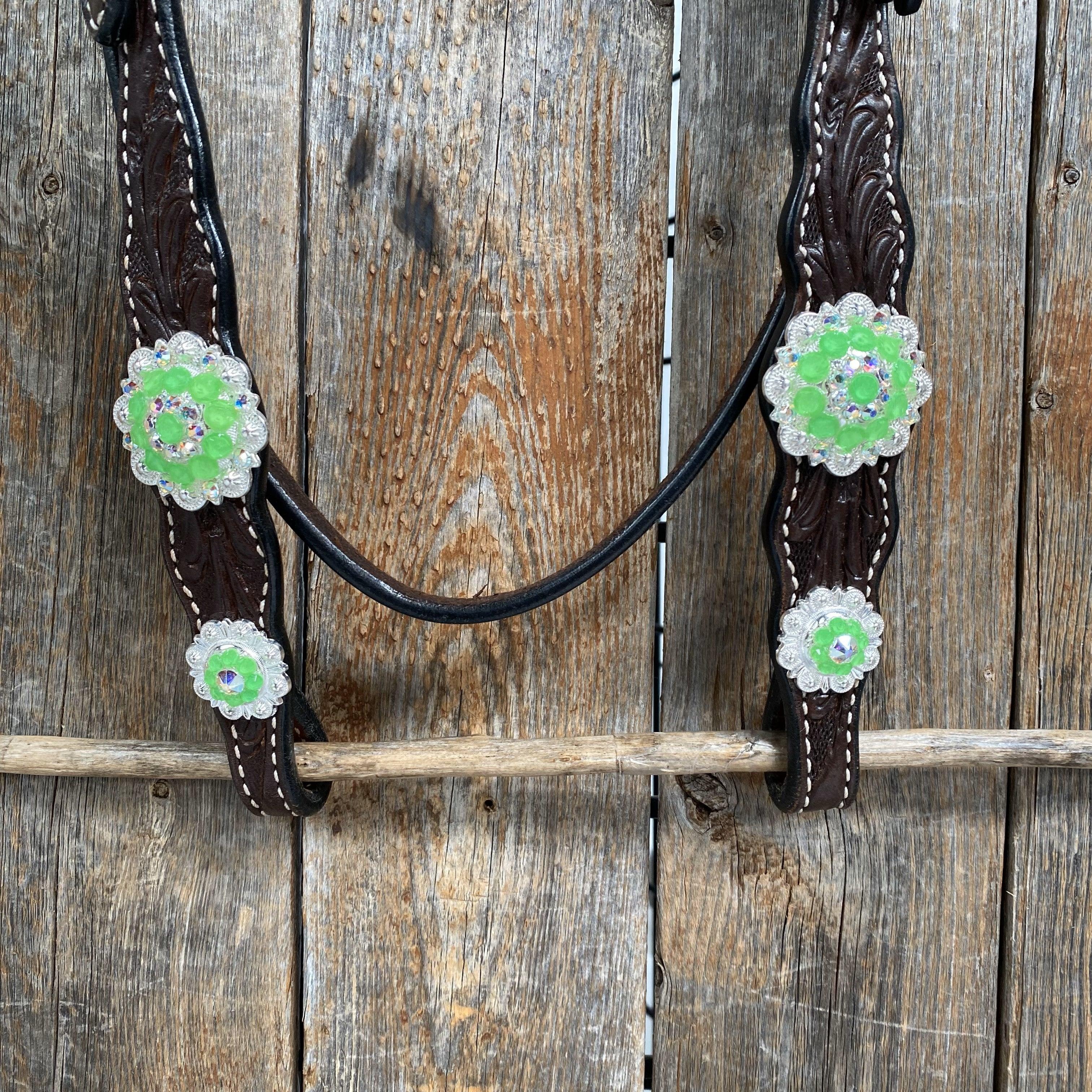 Dark Oil Floral Neon Green Browband / One Ear Tack Set #BBBC560 - RODEO DRIVE