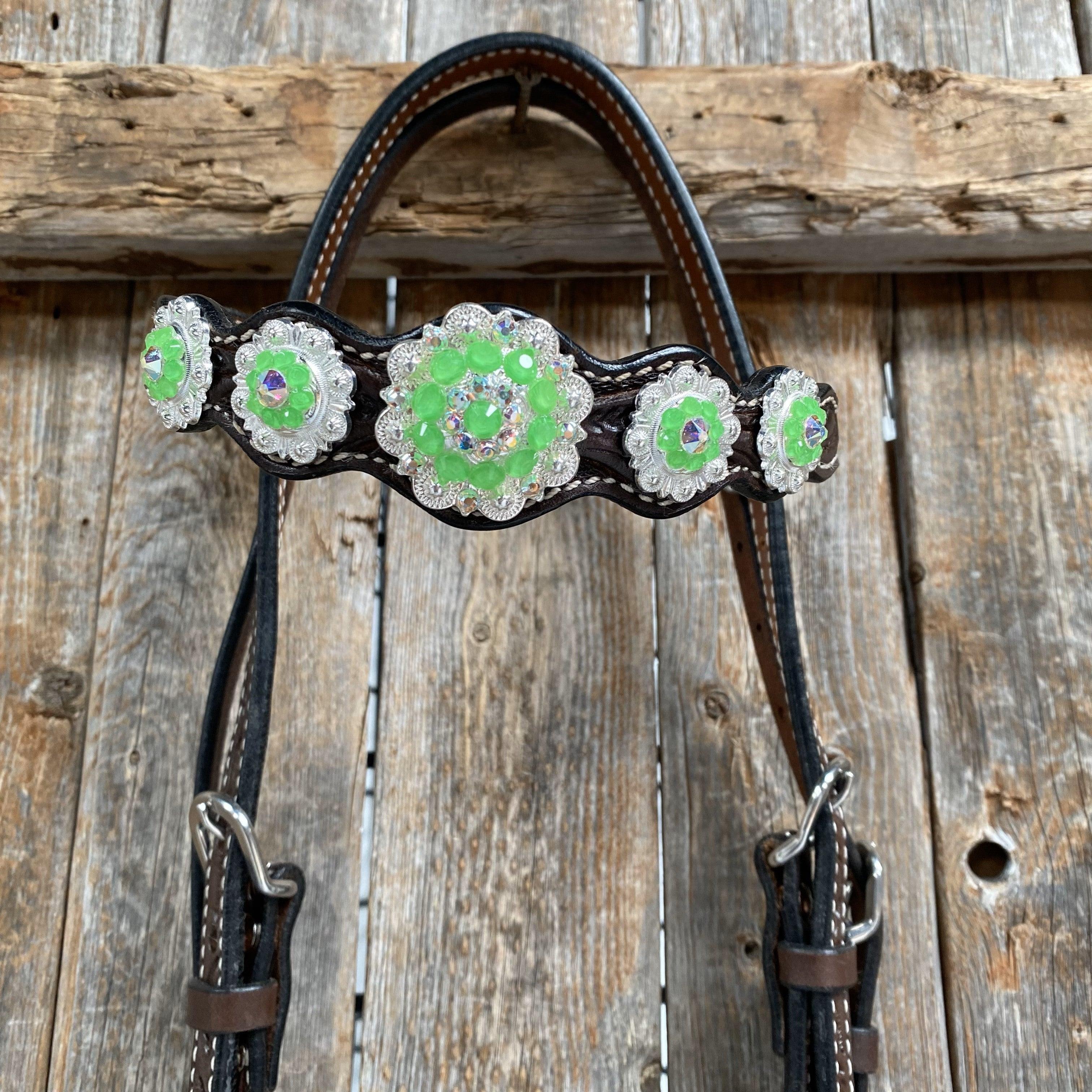 Dark Oil Floral Neon Green Browband / One Ear Tack Set #BBBC560 - RODEO DRIVE